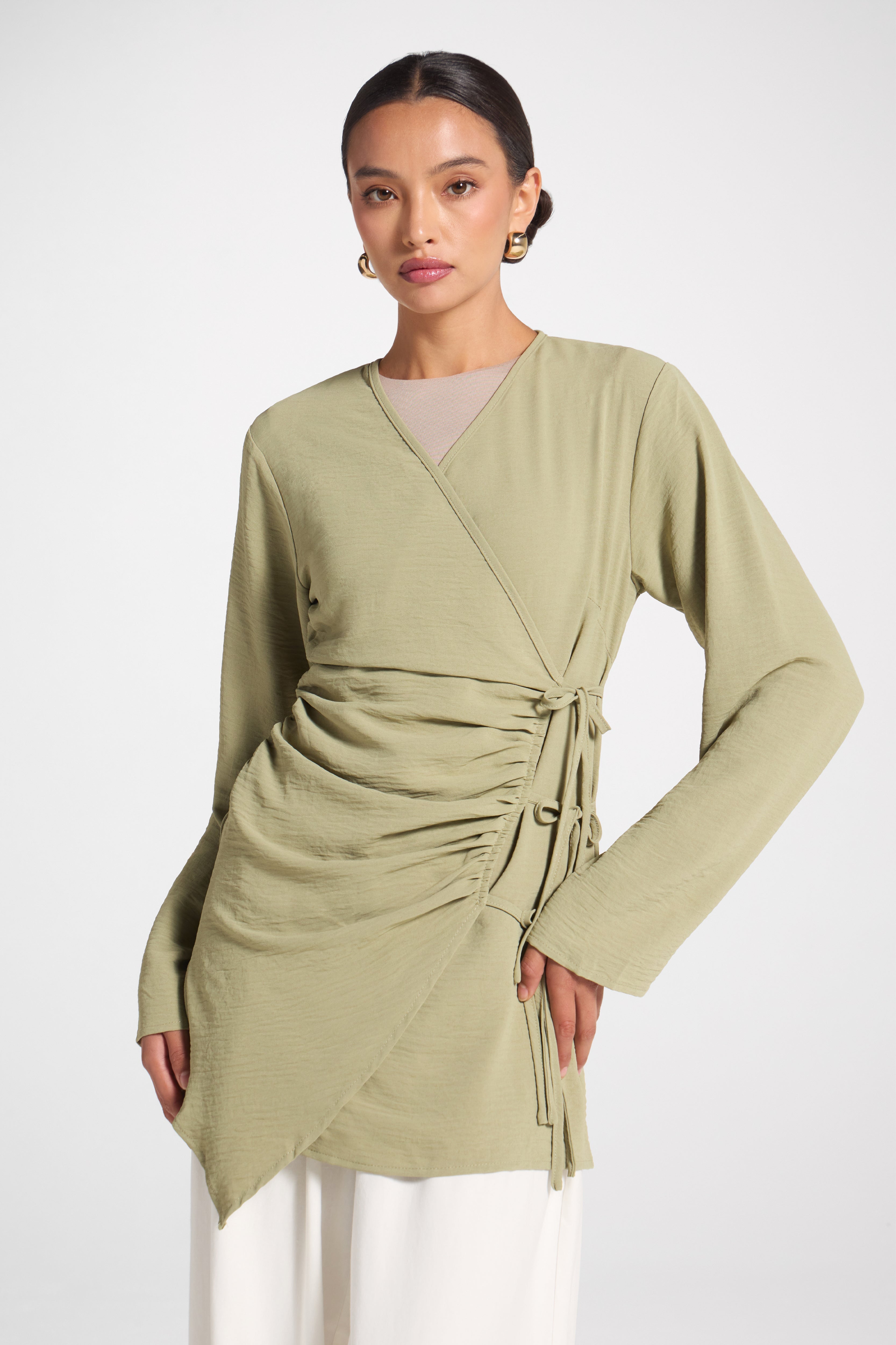 Wrinkle Tie Front Top - Sage Veiled 