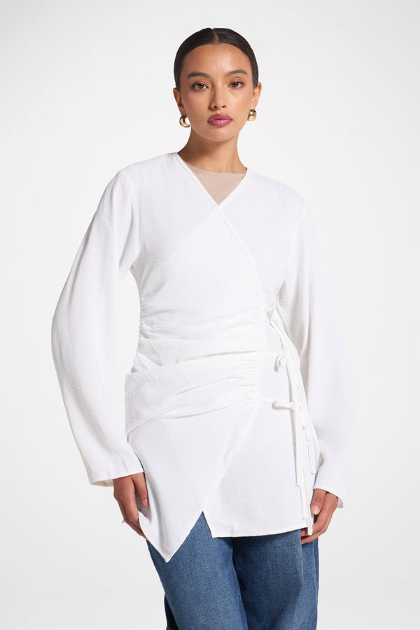 Wrinkle Tie Front Top - White Veiled 