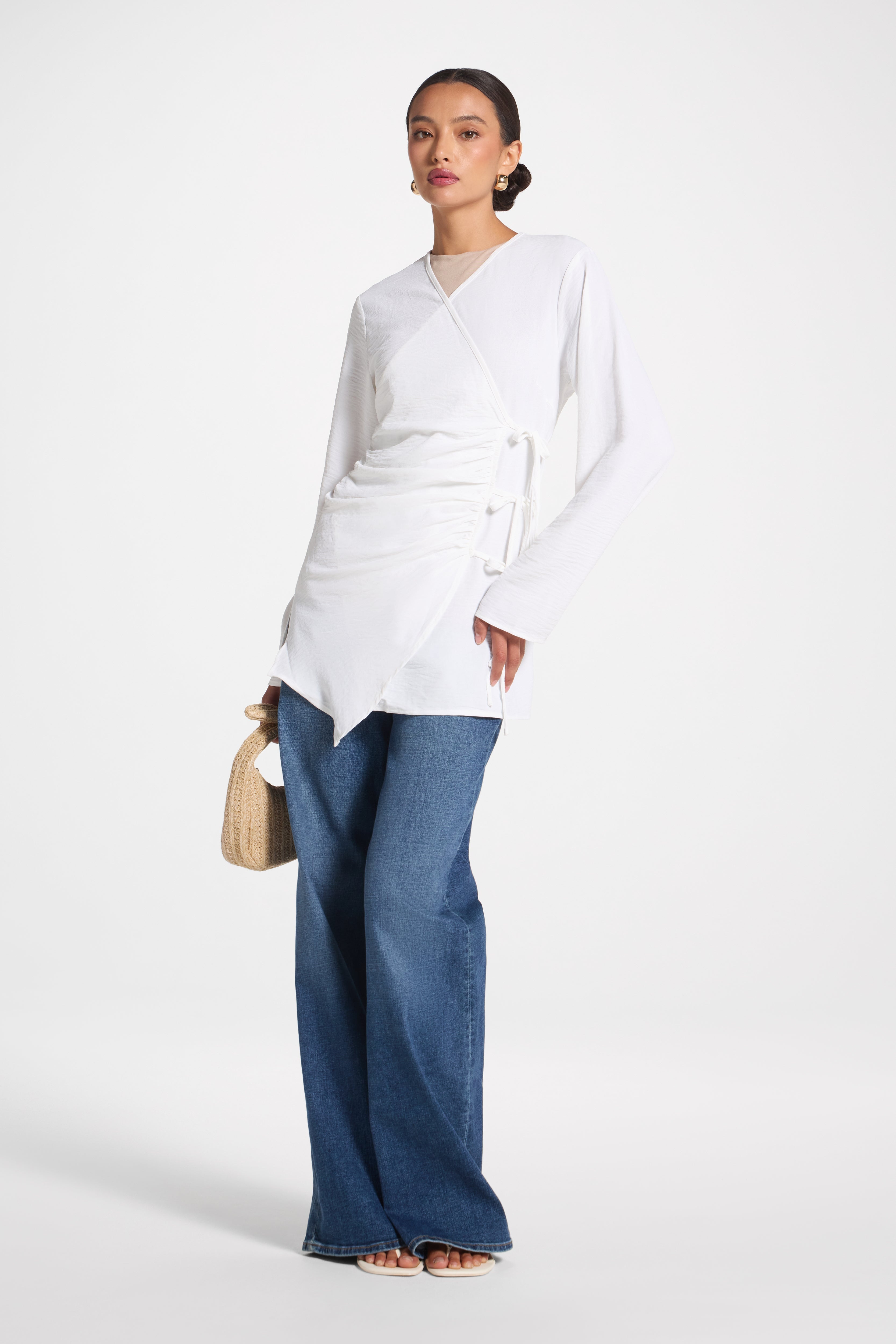 Wrinkle Tie Front Top - White Veiled 