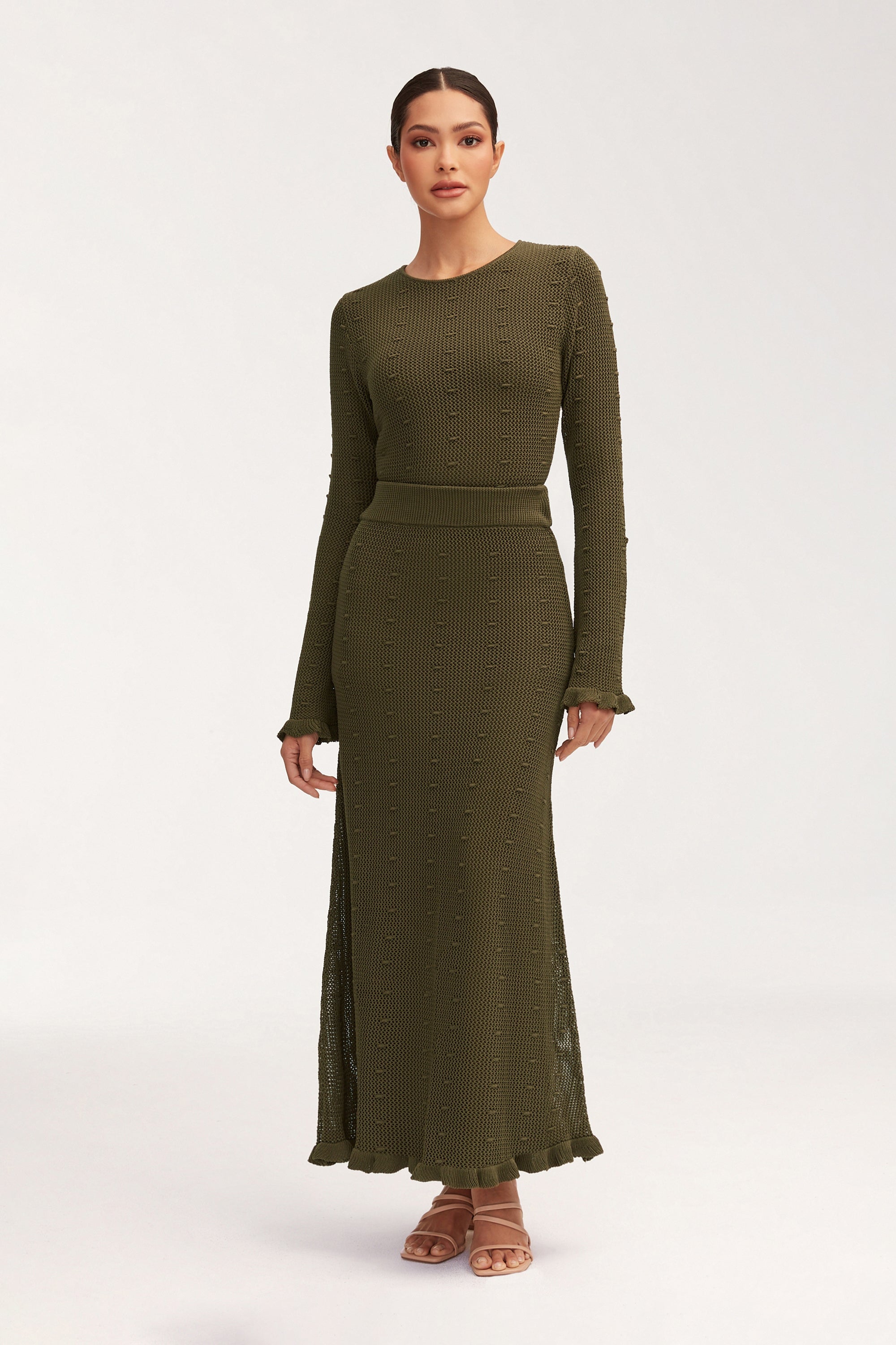 Yara Crochet Maxi Skirt - Dark Olive Clothing Veiled 