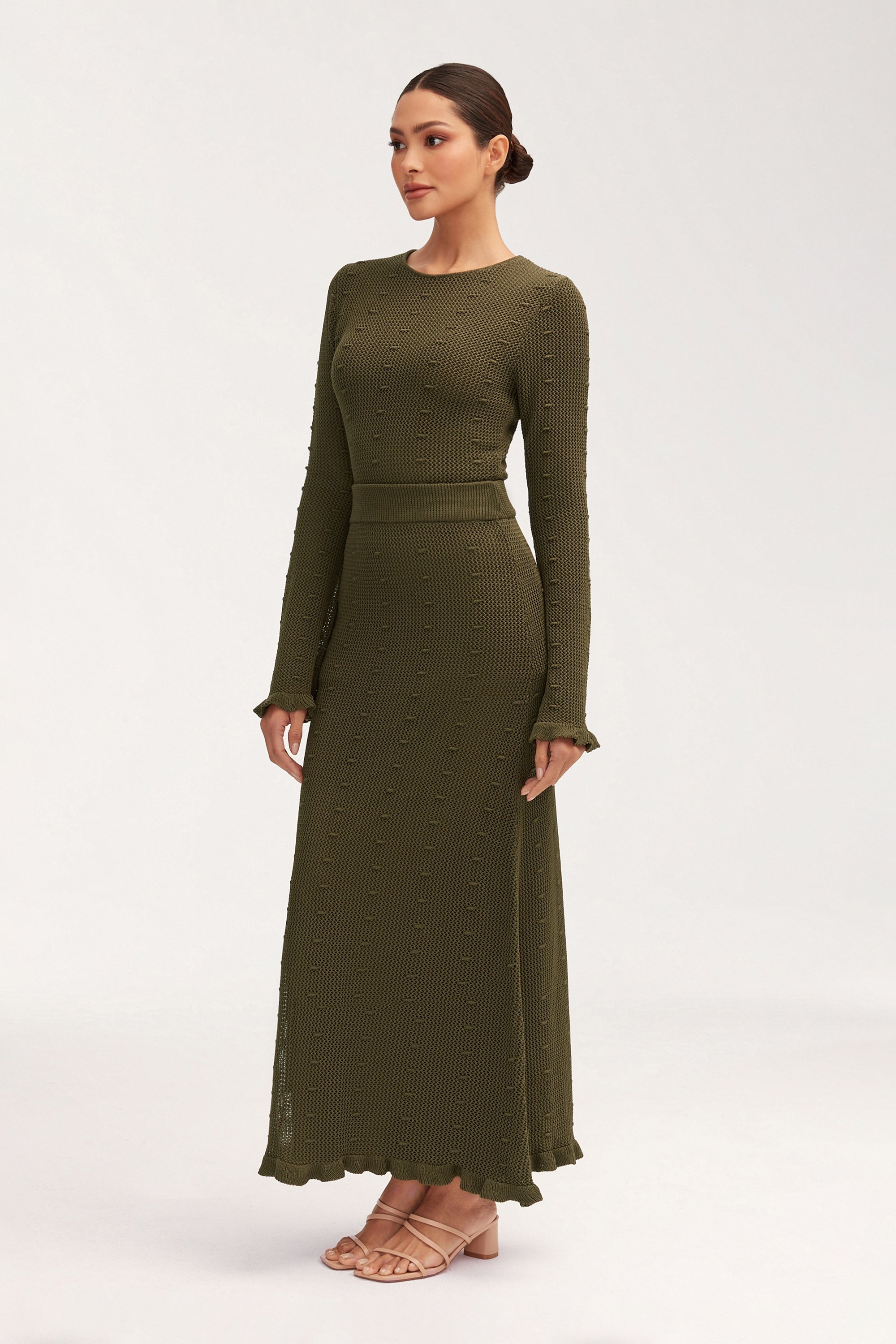 Yara Crochet Maxi Skirt - Dark Olive Clothing Veiled 