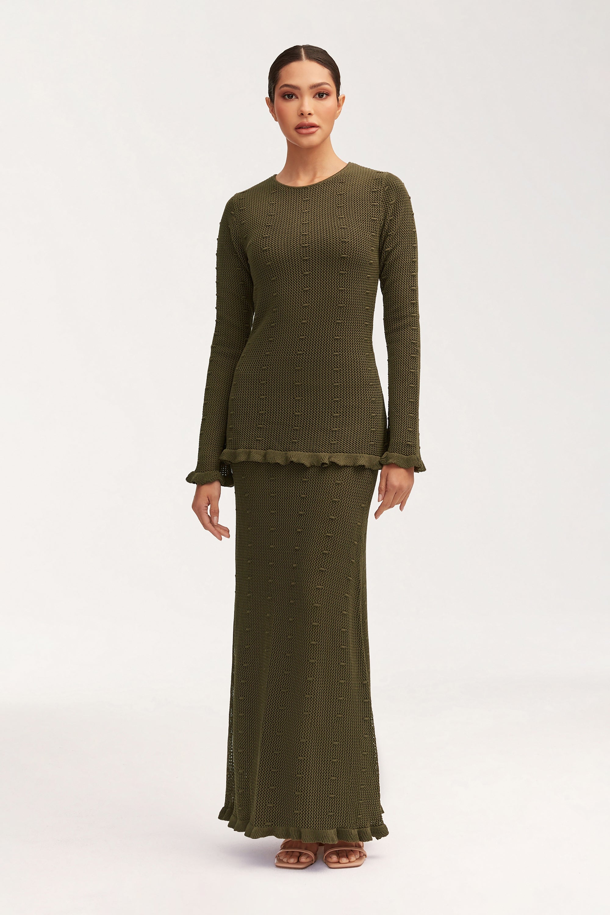 Yara Crochet Maxi Skirt - Dark Olive Clothing Veiled 