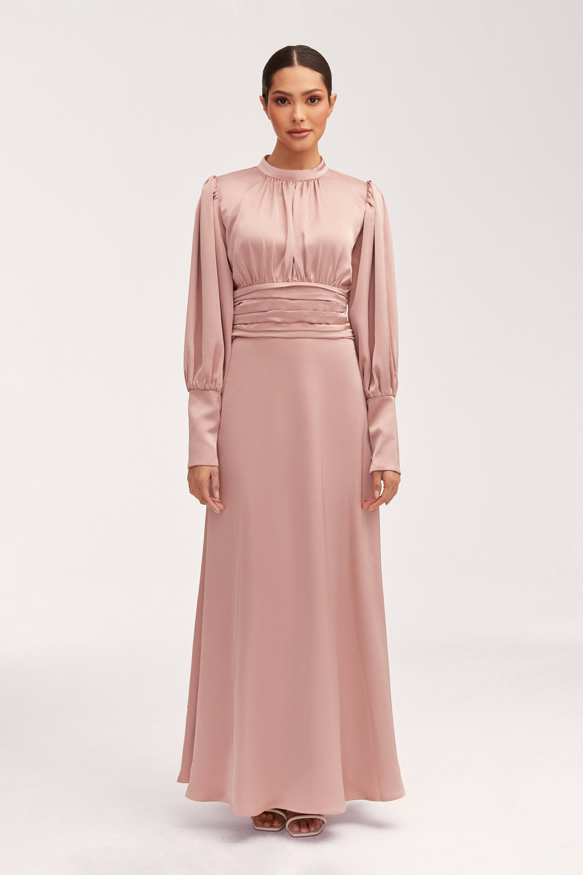 Yasmeena Pleated Waist Satin Maxi Dress - Dusty Rose Clothing Veiled 