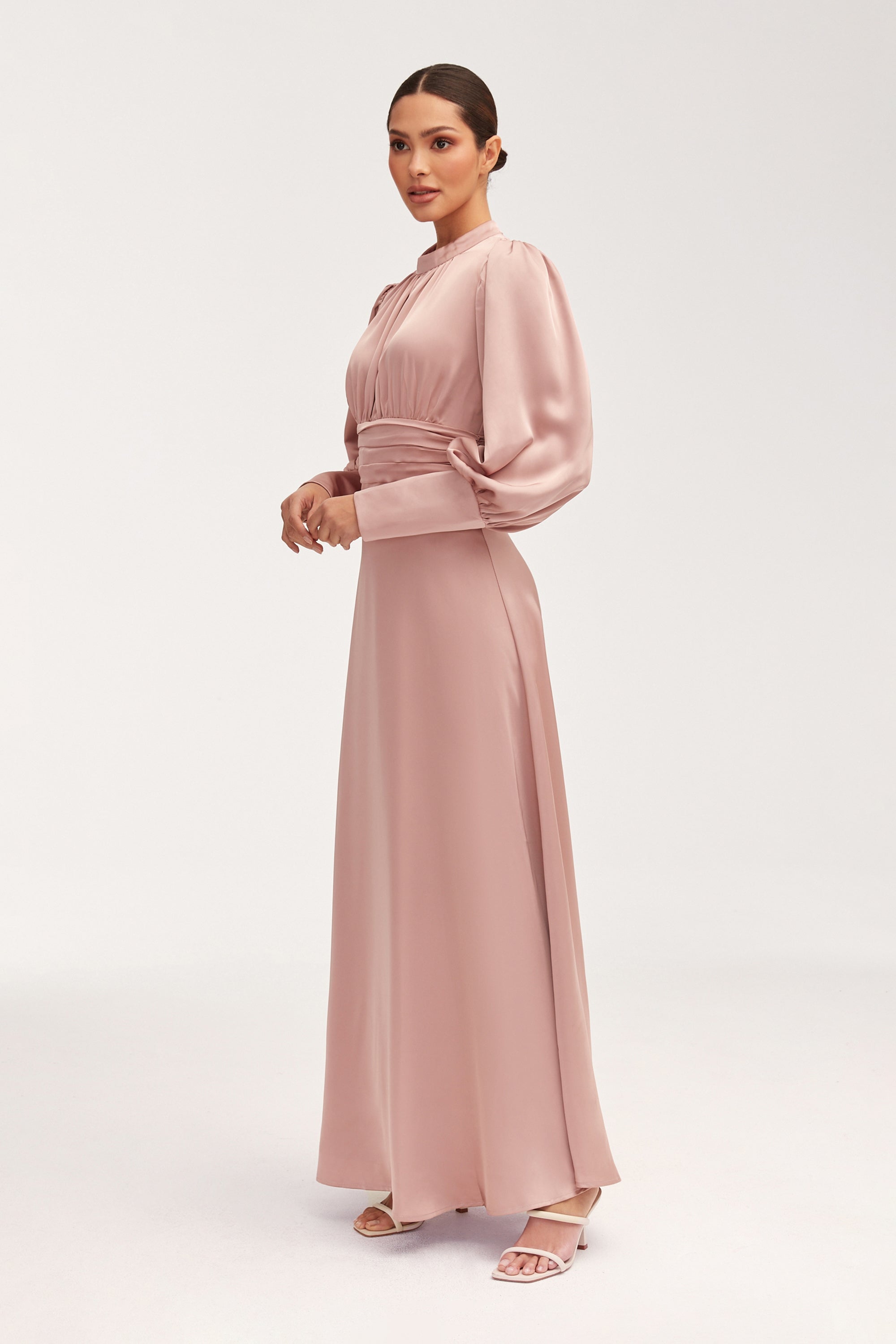 Yasmeena Pleated Waist Satin Maxi Dress - Dusty Rose Clothing Veiled 