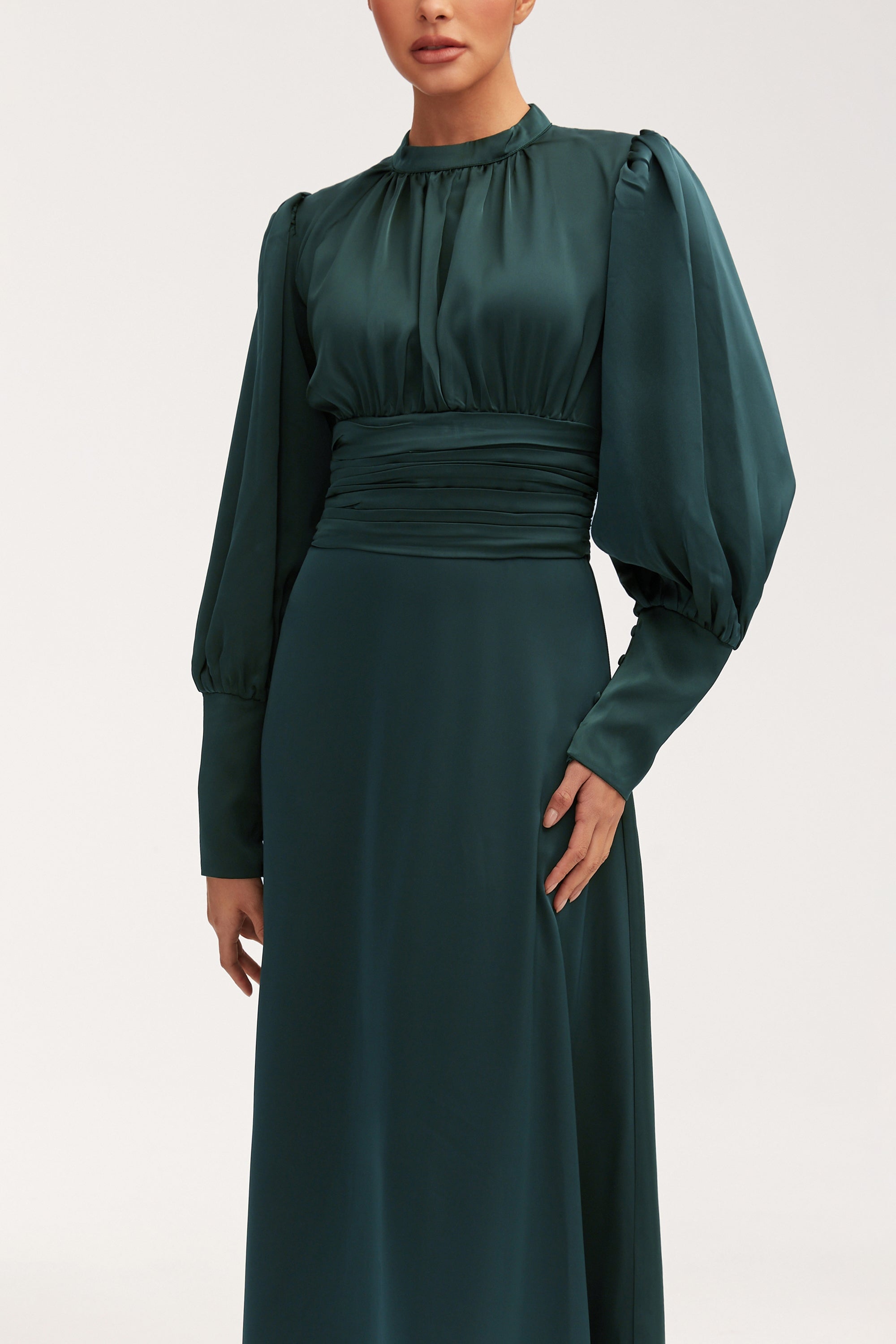 Yasmeena Pleated Waist Satin Maxi Dress - Emerald Clothing Veiled 