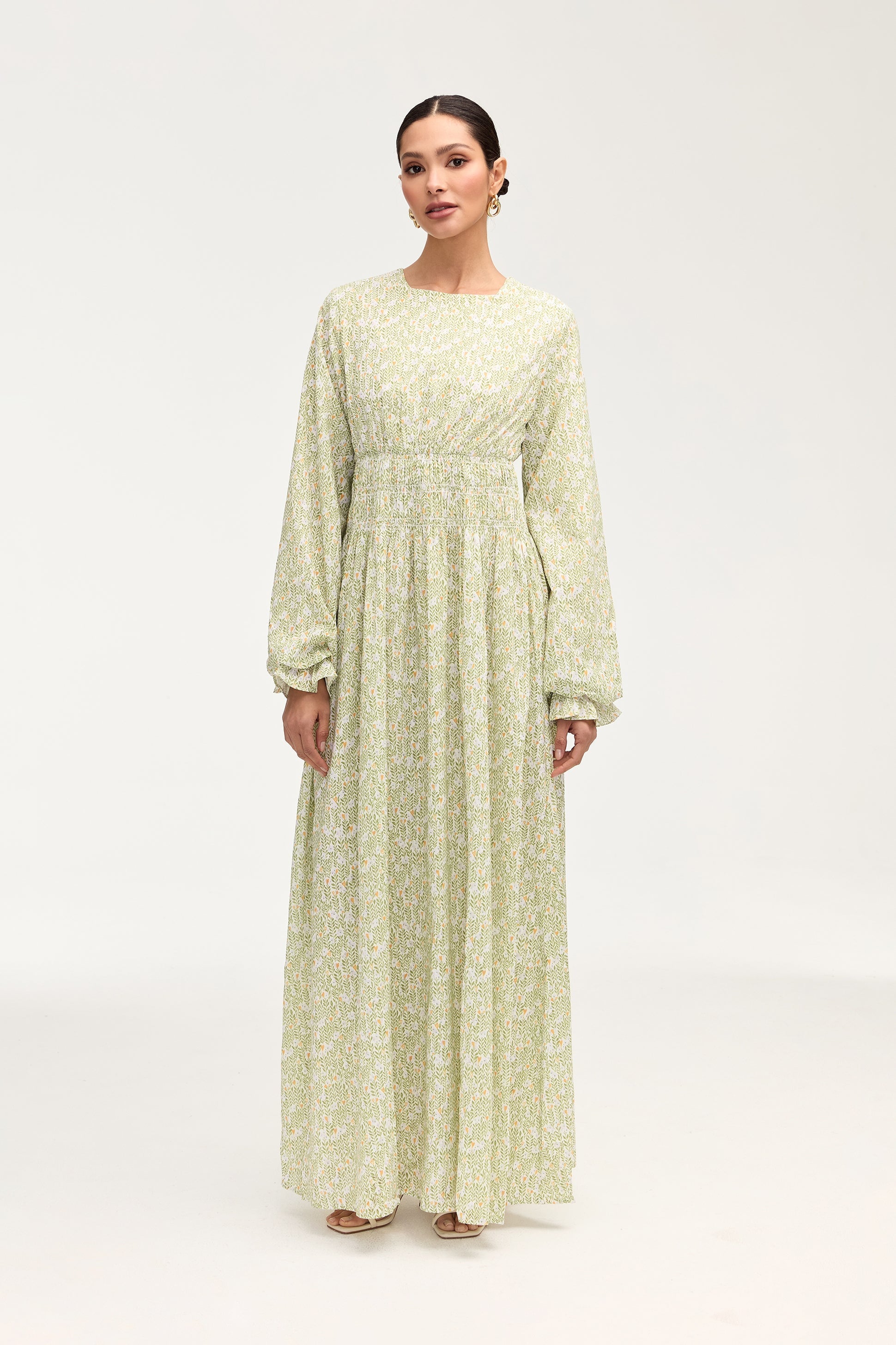 Zainab Green Floral Rouched Maxi Dress Dresses Veiled Collection 