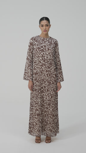 Pleated Printed Shift Maxi Dress - Brown