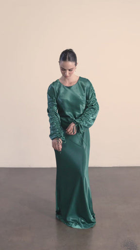 Rahma Rouched Sleeve Satin Maxi Dress - Teal