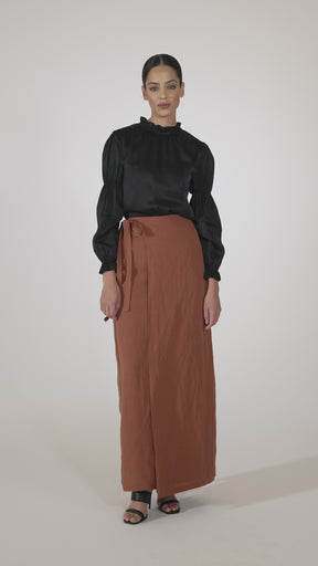 Linen Wrap Front Maxi Skirt - Baked Clay