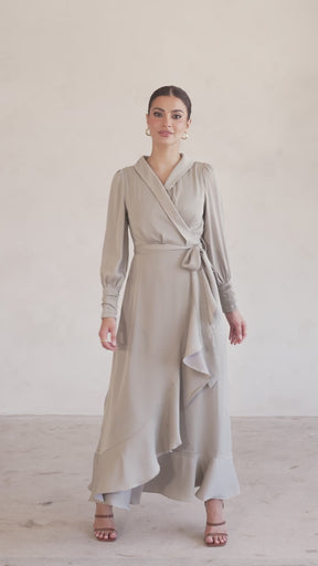 Shereen Wrap Front Satin Maxi Dress - Light Sage