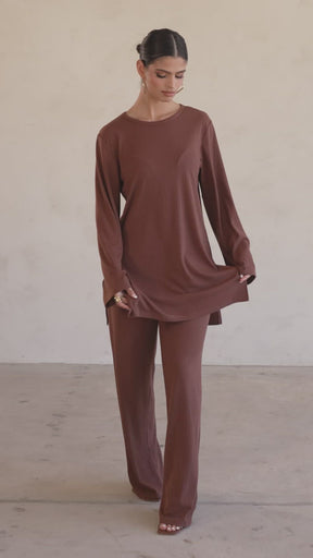 Hannah Ribbed Tunic & Pants Matching Set - Chocolate Brown