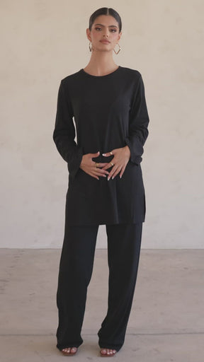 Hannah Ribbed Tunic & Pants Matching Set - Black