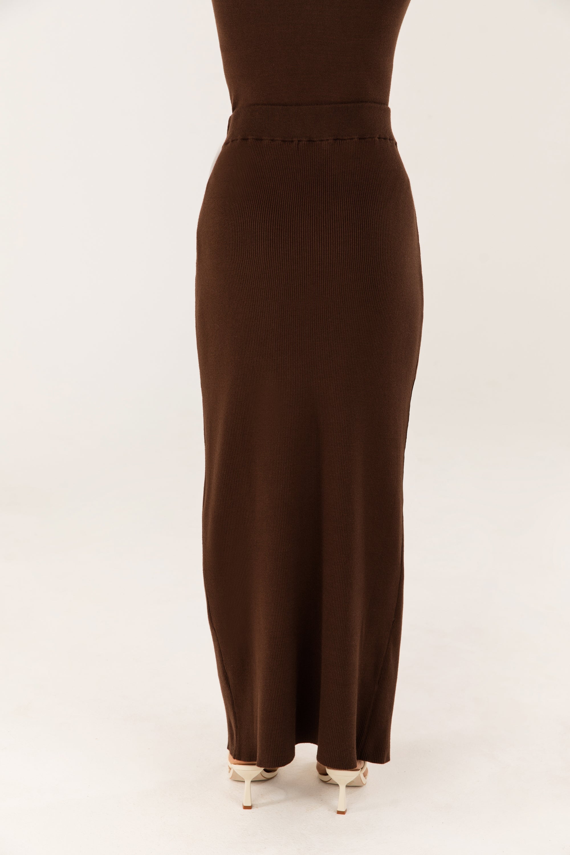Alara Faux Wrap Knit Maxi Skirt - Chocolate Brown Veiled 