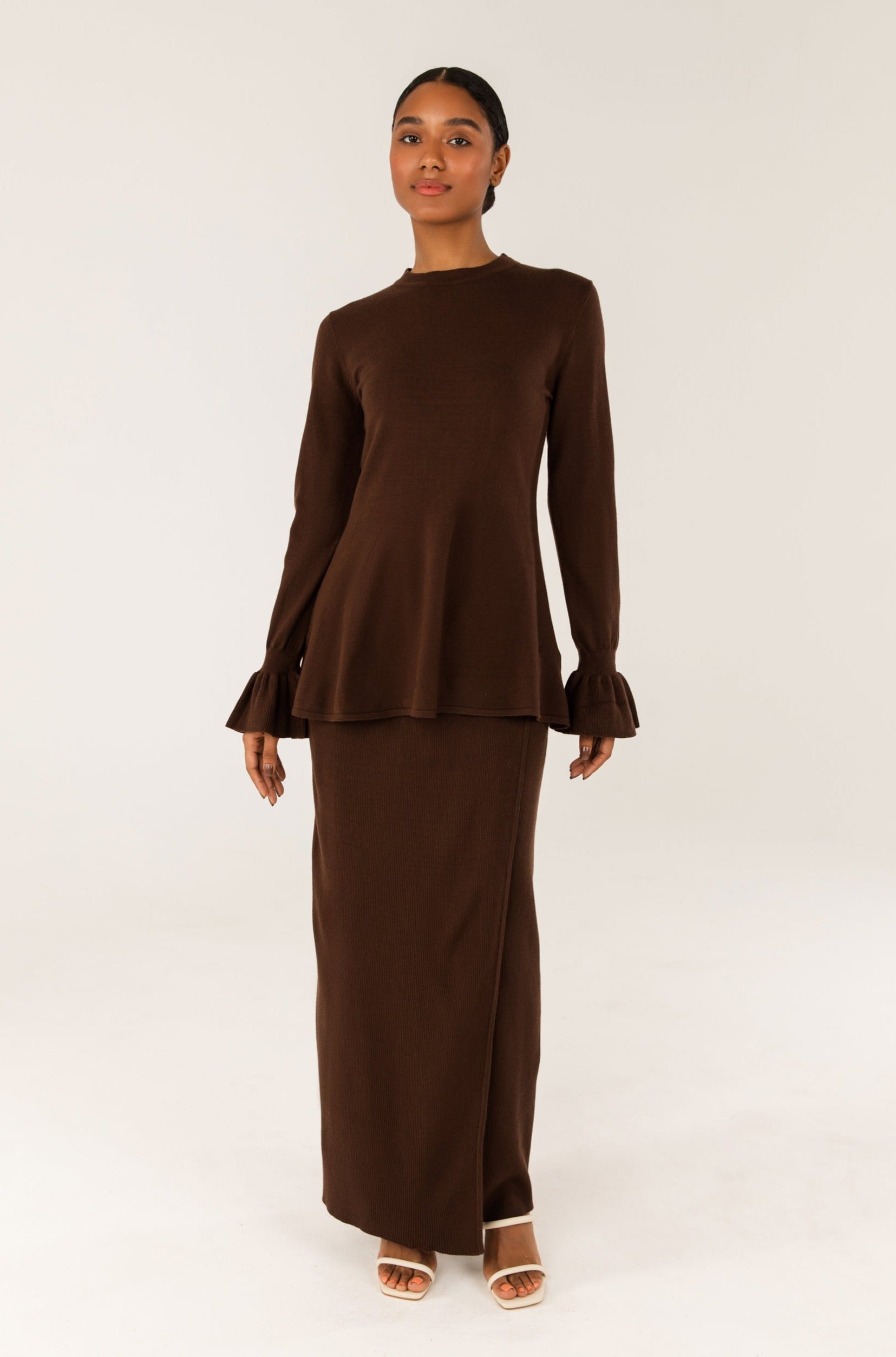 Alara Faux Wrap Knit Maxi Skirt - Chocolate Brown Veiled 
