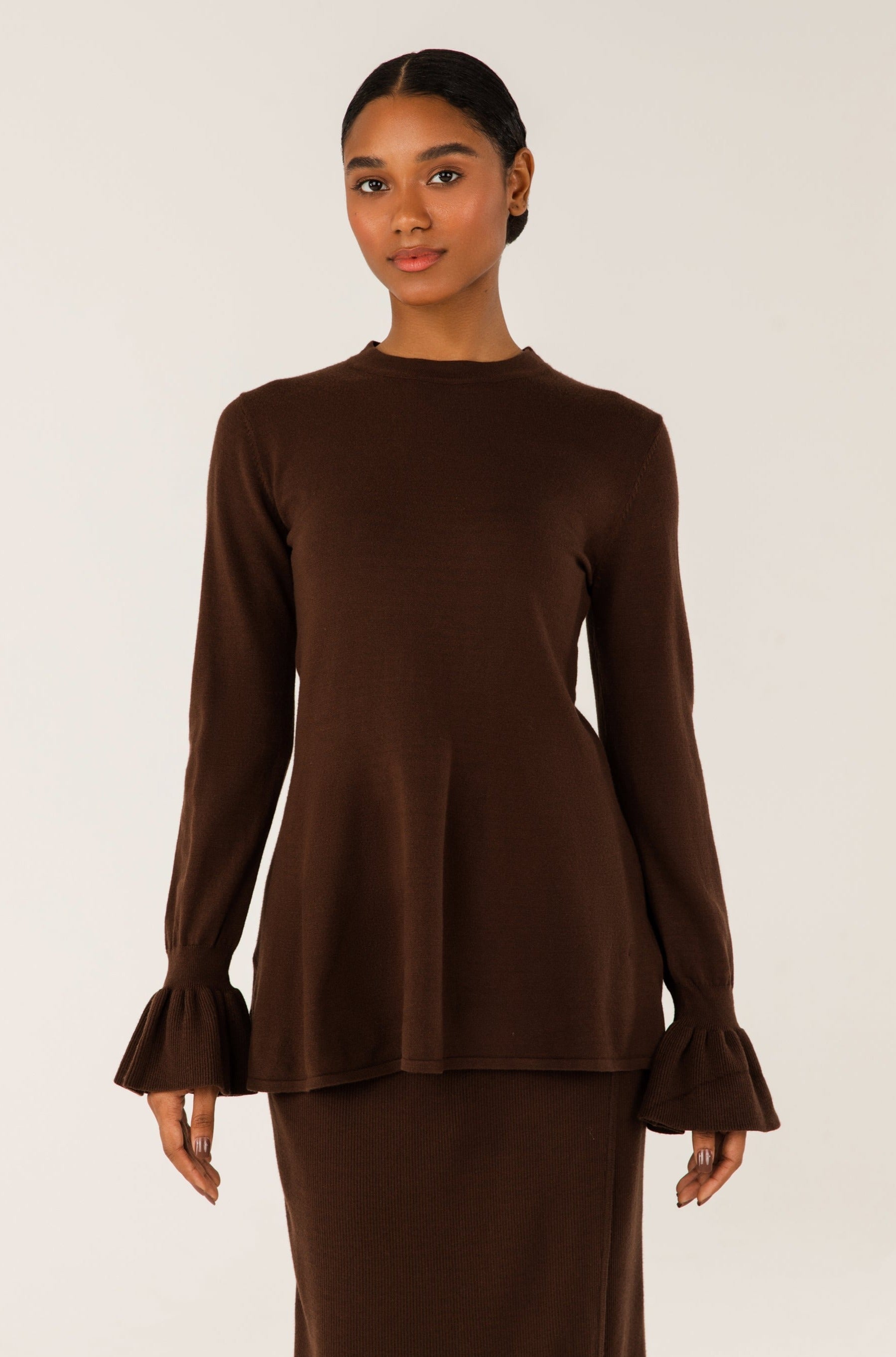 Alara Peplum Knit Top - Chocolate Brown Veiled 