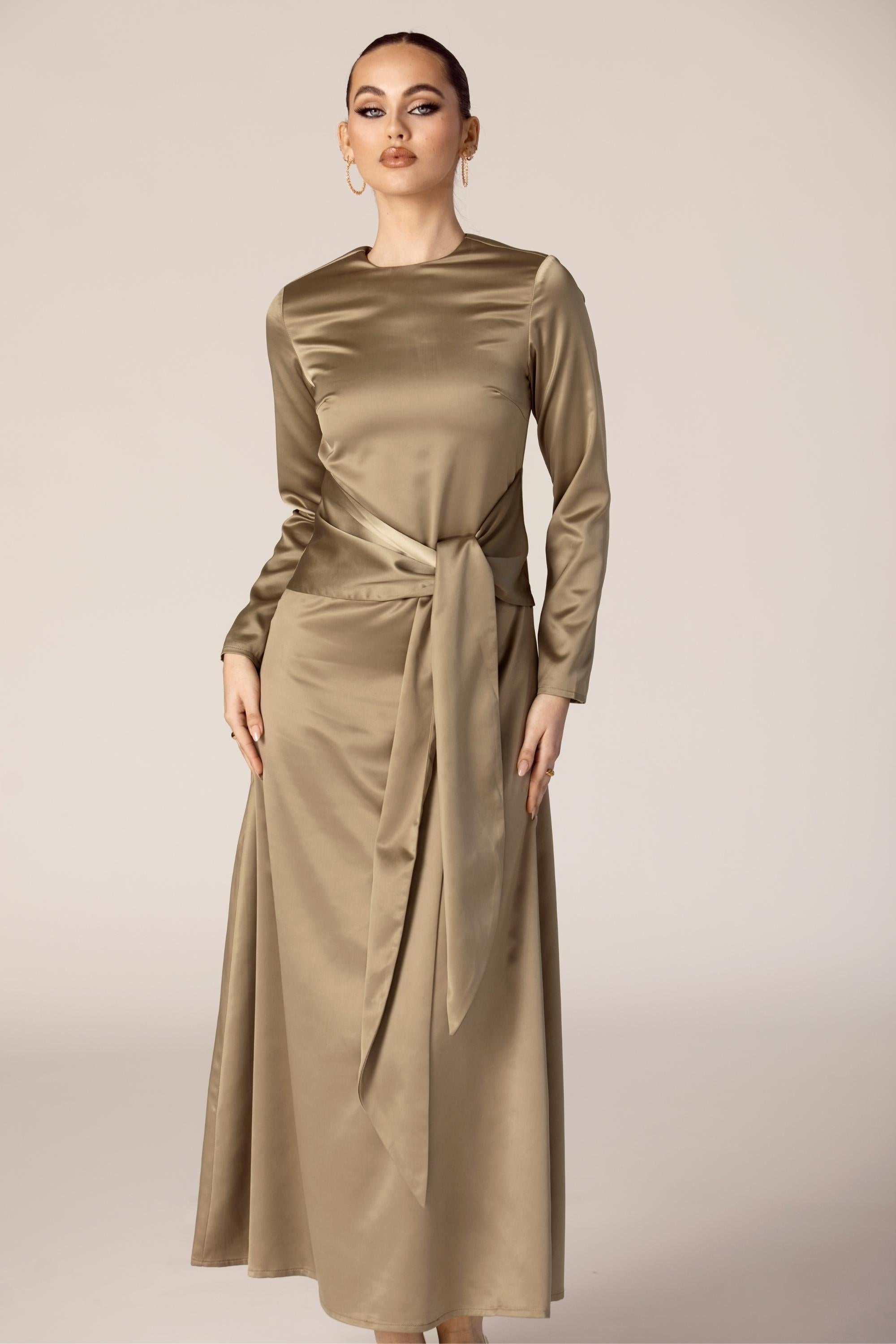 Ana Satin Tie Front Satin Maxi Dress - Olive Veiled Collection 