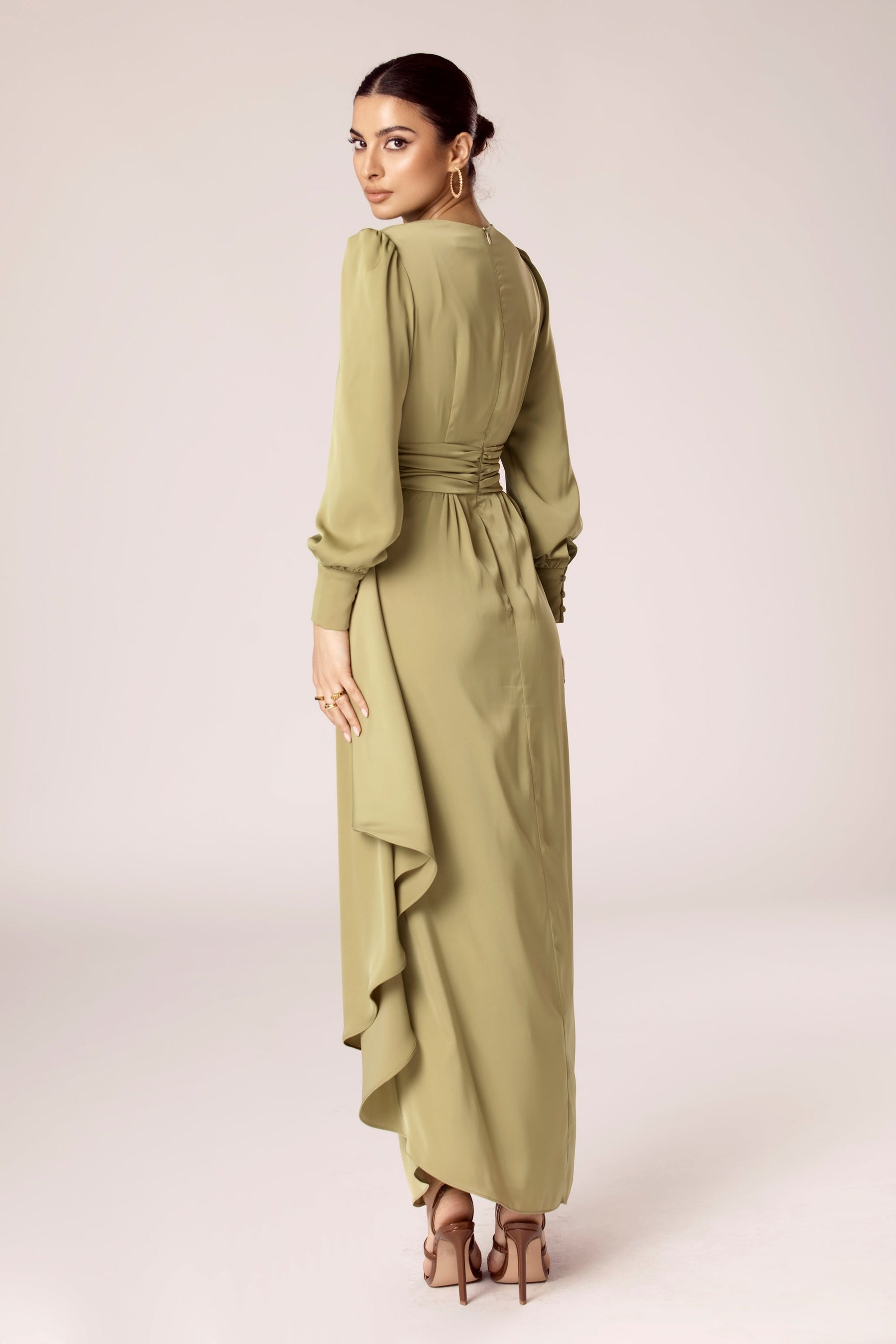 Pleated Long-Sleeve Ruffle Crepe Gown