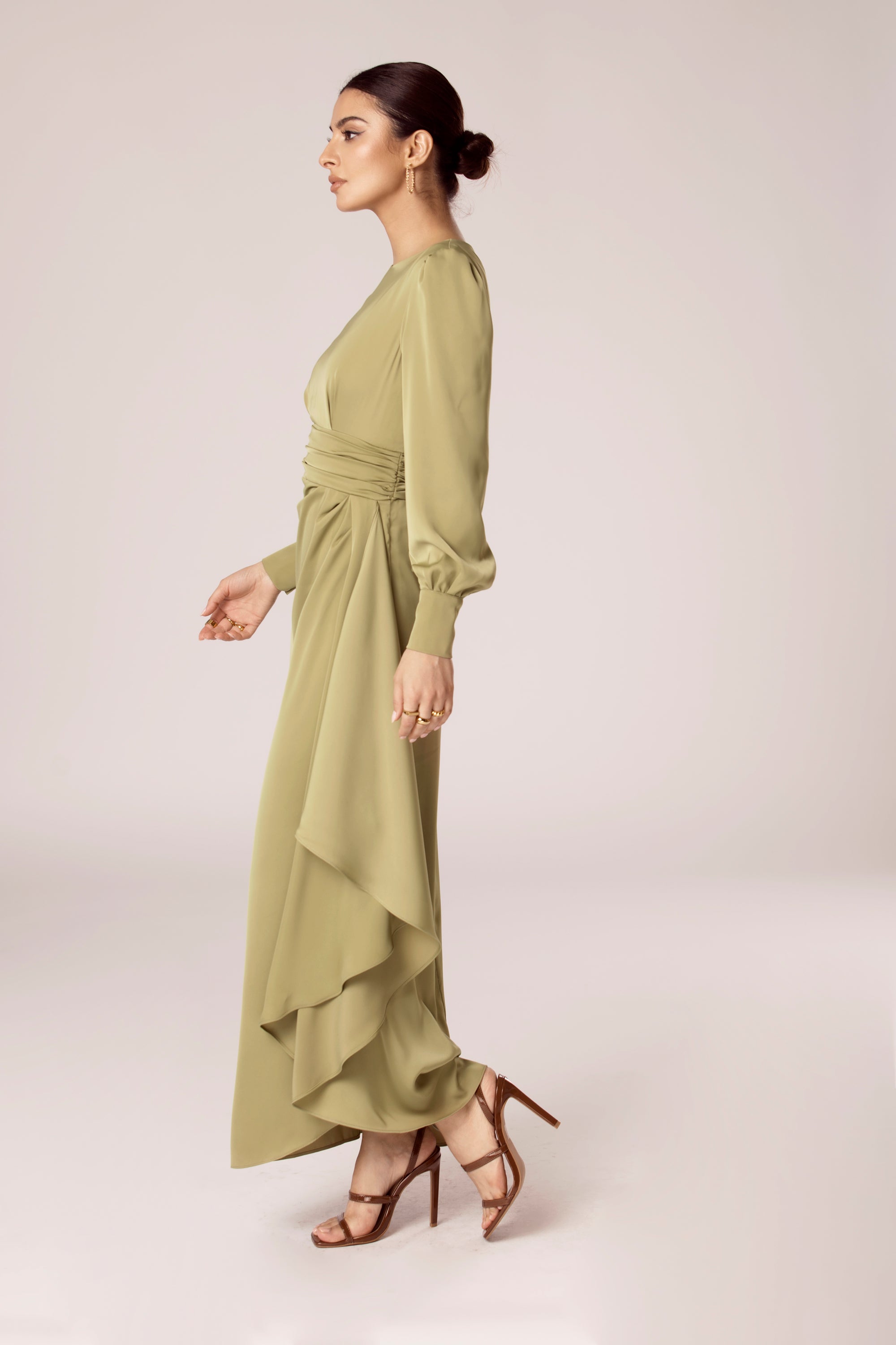Anabelle Pleated Waist Ruffle Maxi Dress - Cypress Green Veiled Collection 