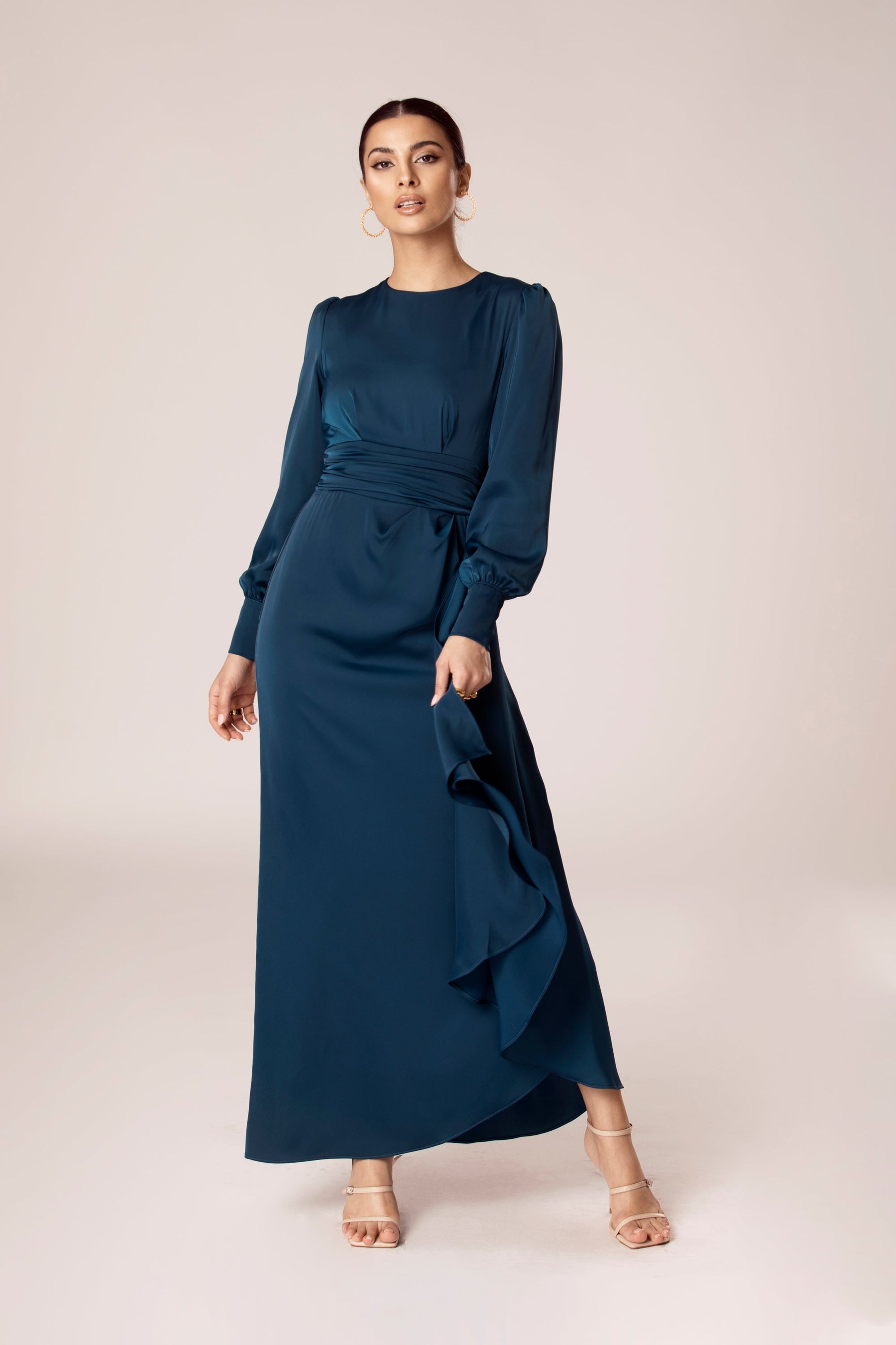 Pleated Long-Sleeve Ruffle Crepe Gown