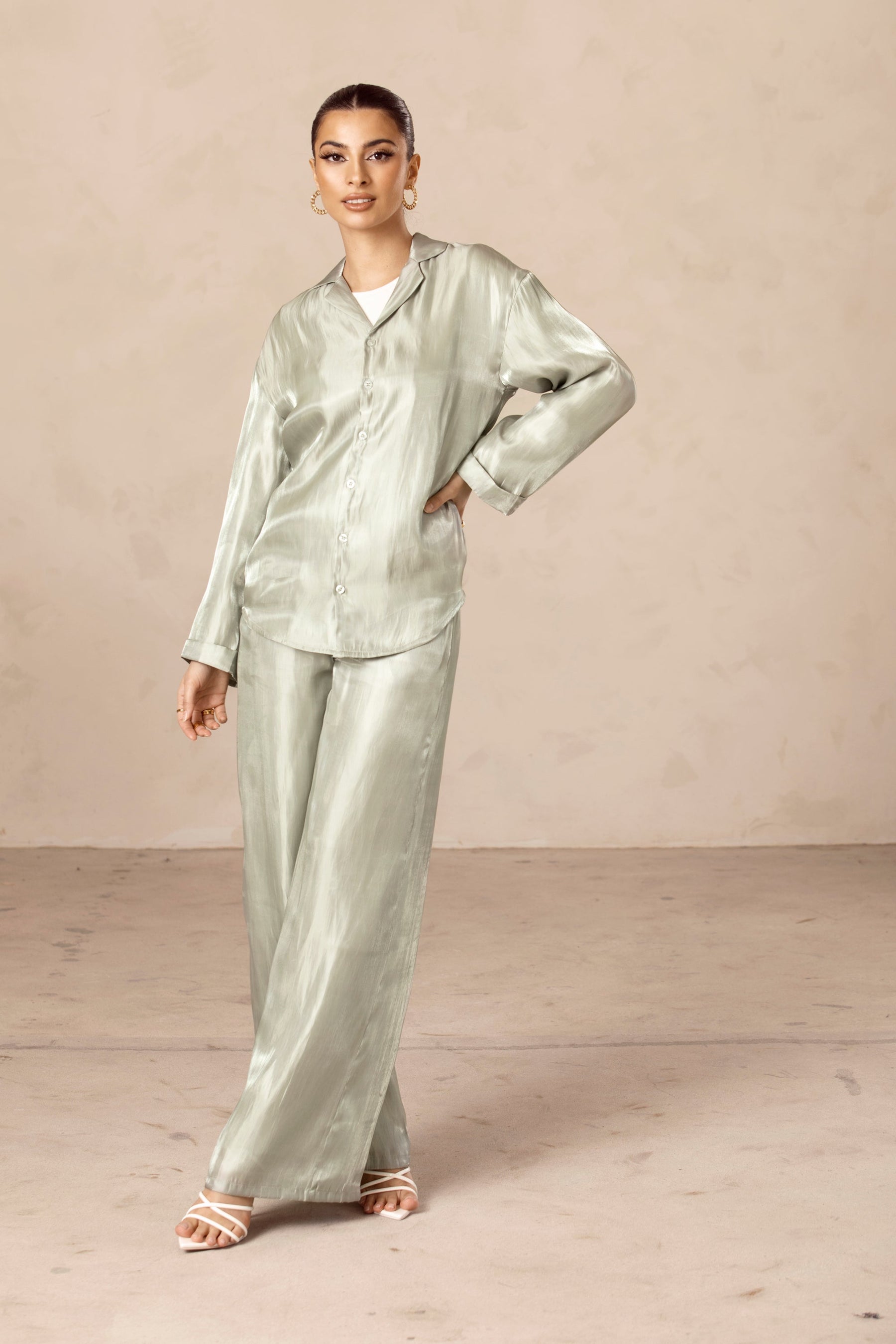 Anikka Satin Button Down Shirt - Light Green Veiled Collection 