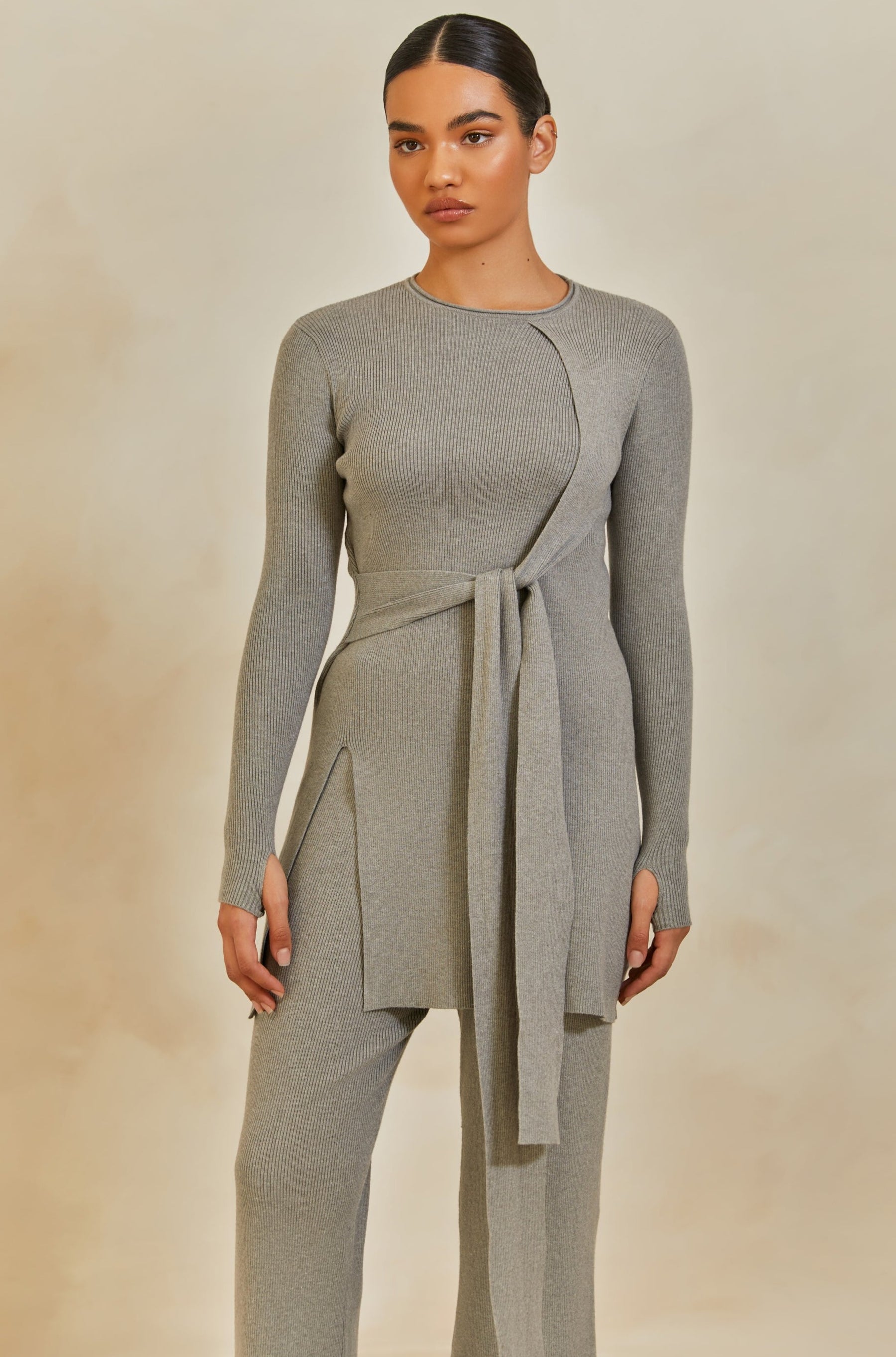 Asymmetric Front Tie Knit Top - Grey Veiled 