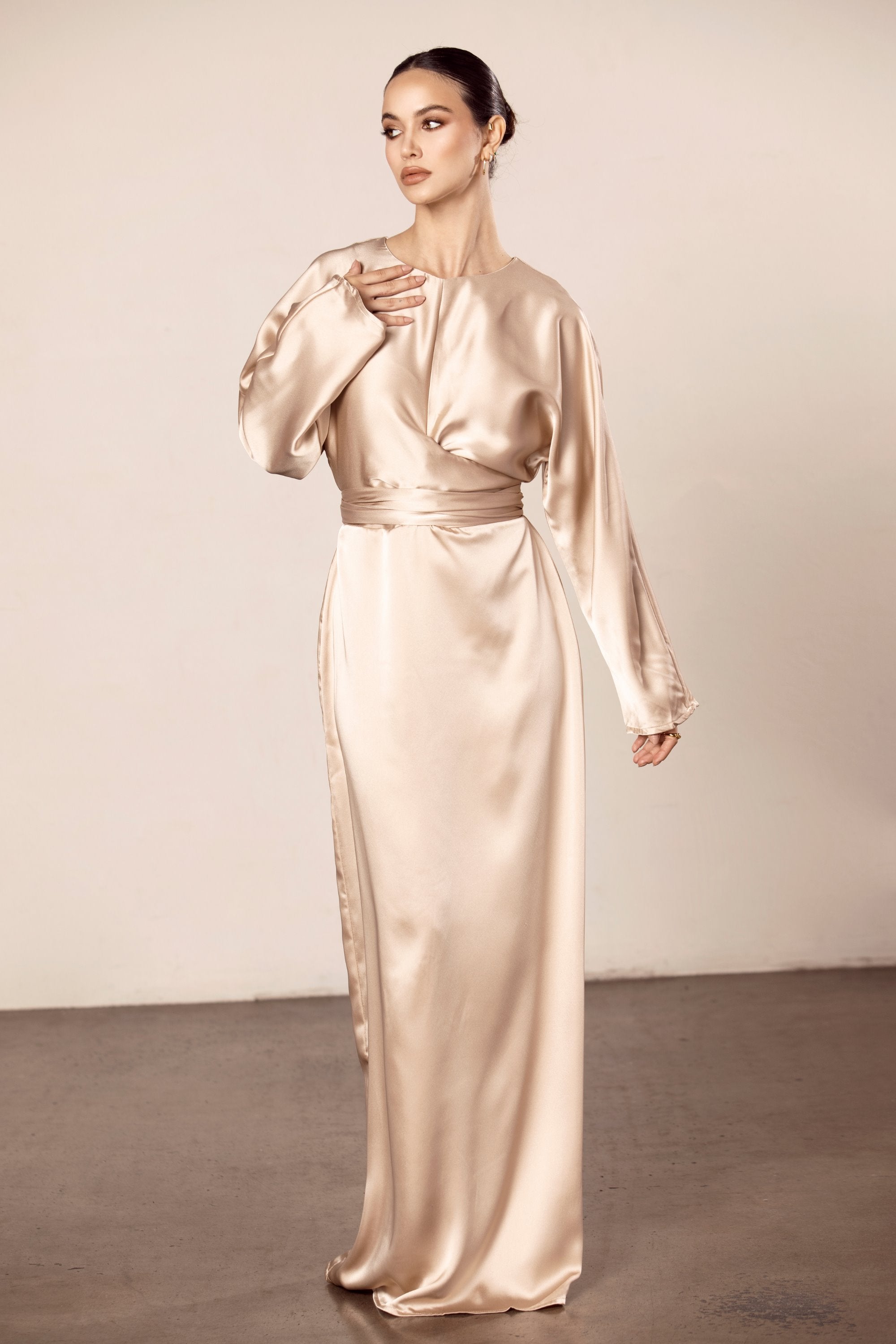 Bria Satin Batwing Tie Waist Maxi Dress - Taupe Veiled Collection 