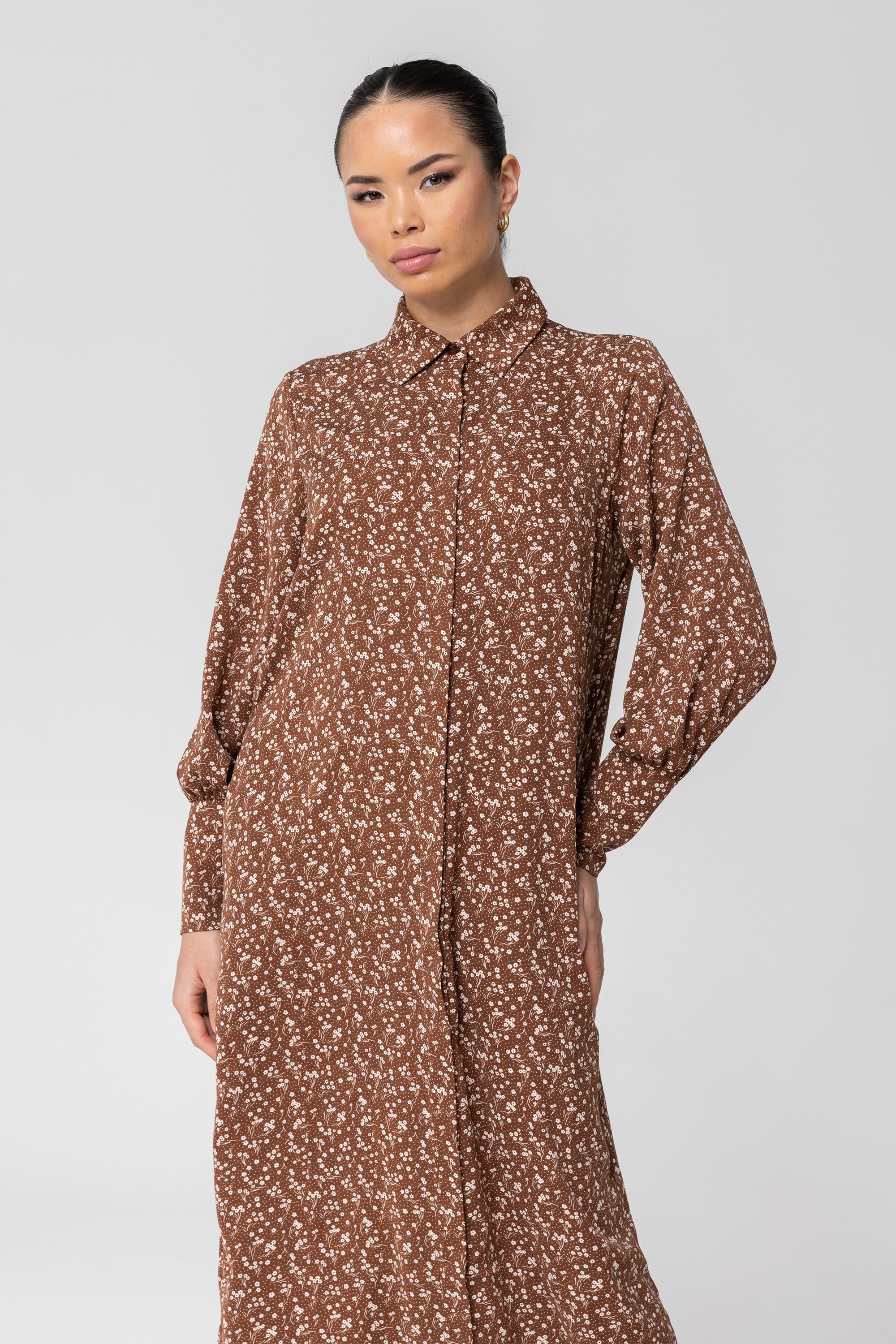 Brown Floral Button Down Maxi Shirt Dress Veiled Collection 