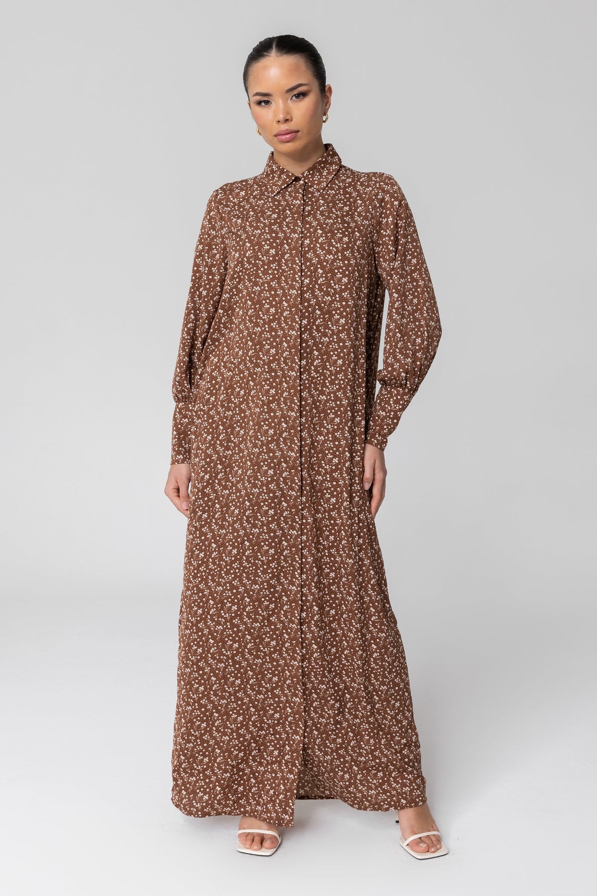 Brown Floral Button Down Maxi Shirt Dress Veiled Collection 