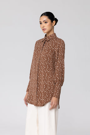 Brown Floral Button Down Top Veiled Collection 