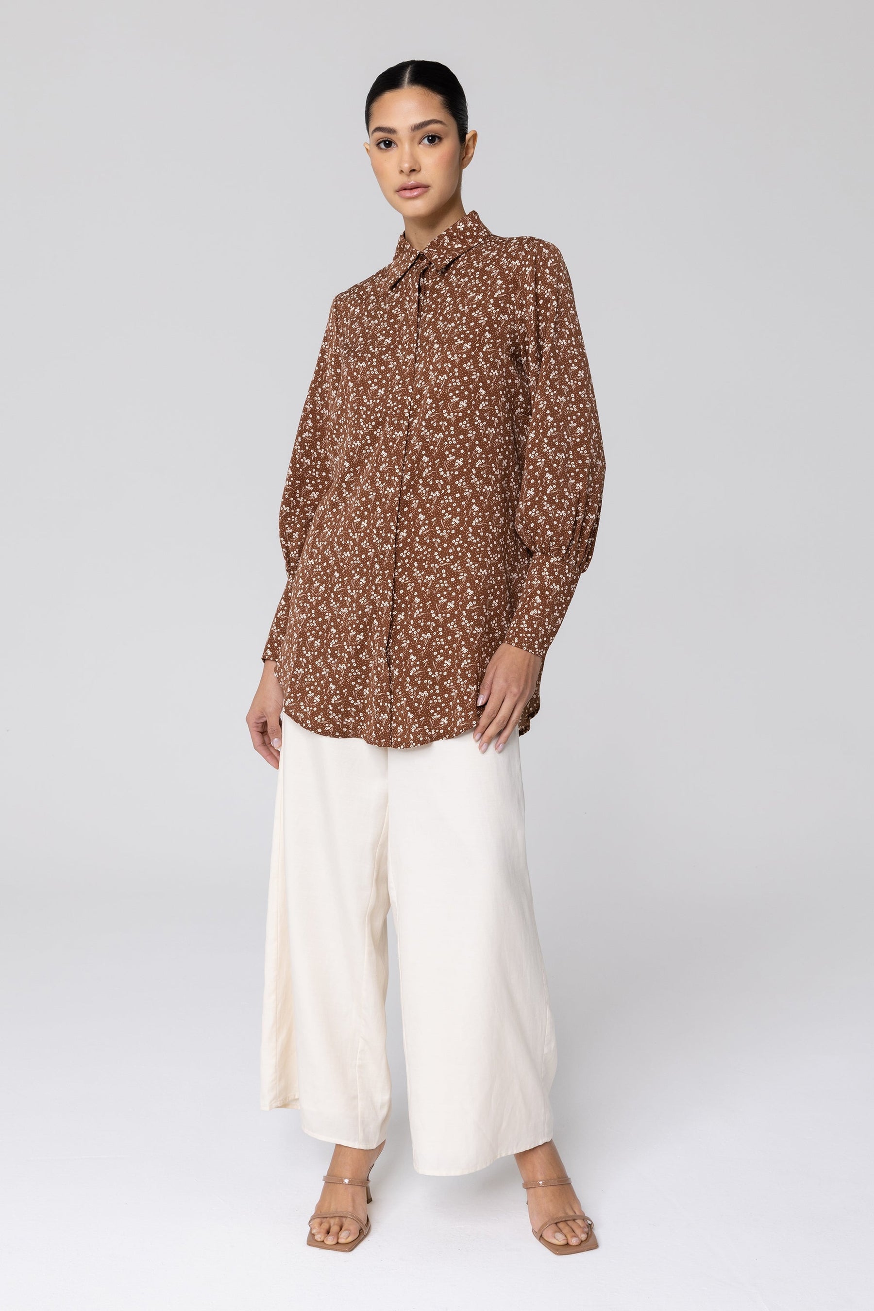 Brown Floral Button Down Top Veiled Collection 