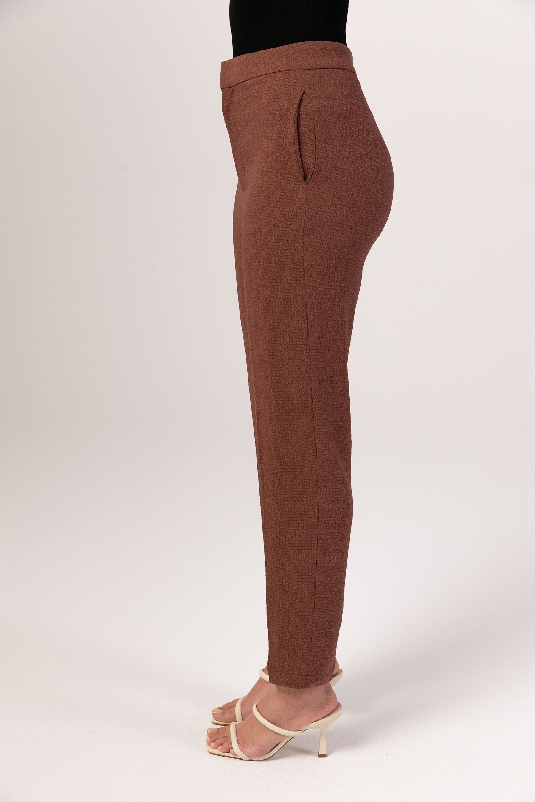 Brown Textured Straight Leg Trousers Veiled Collection 