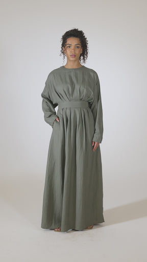 Nasira Linen Pleat Waist Maxi Dress - Sage