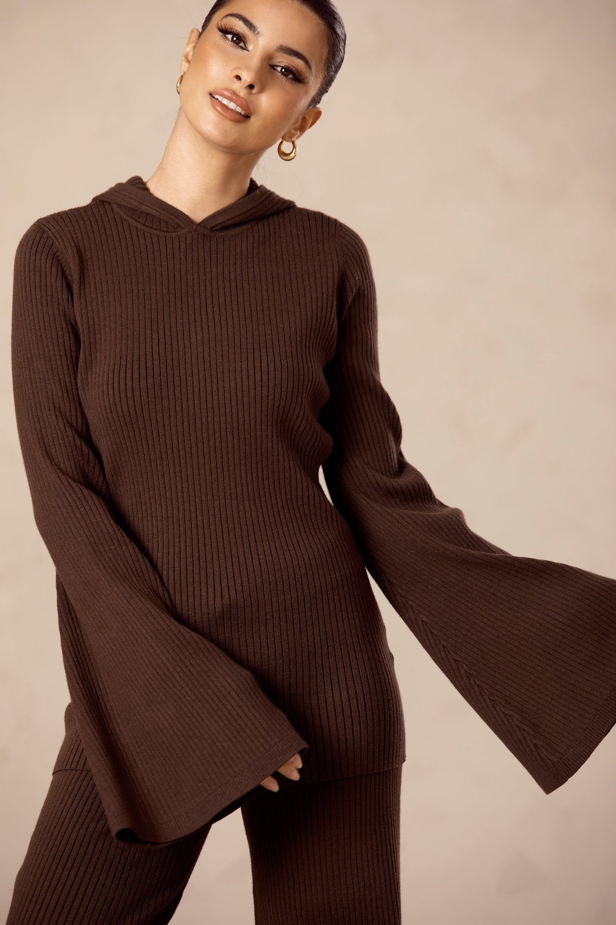 Chocolate Brown Hooded Knit Bell Sleeve Top Veiled Collection 