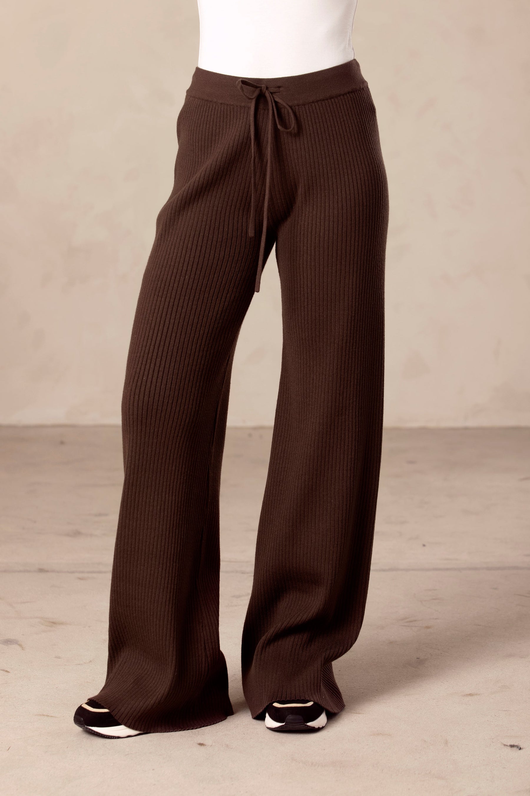 Chocolate Brown Ribbed Knit Wide Leg Pants