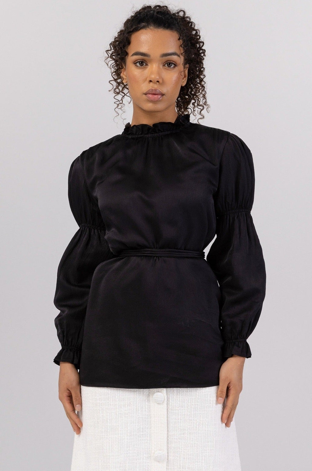Cinched Sleeve Blouse - Black