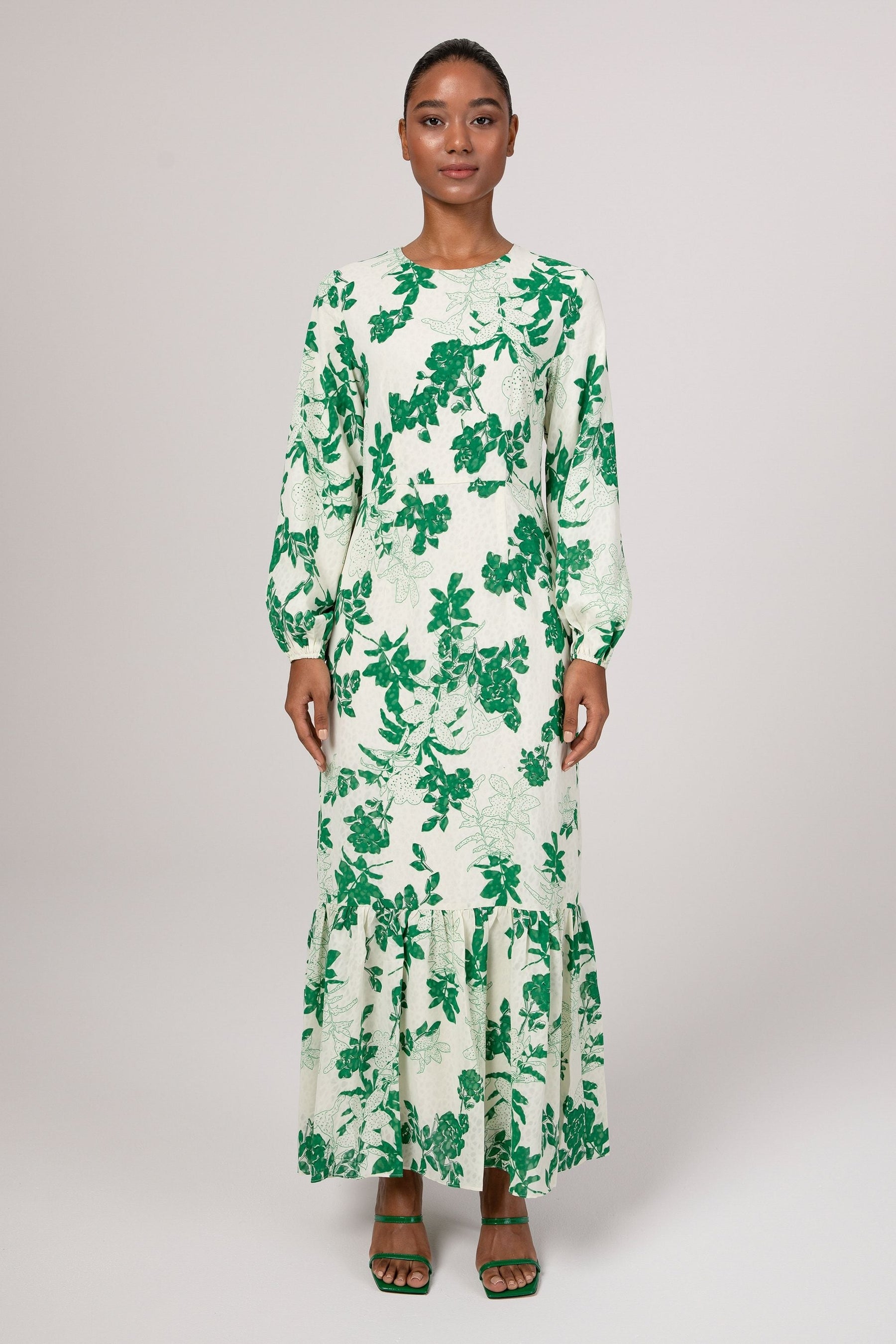 Dalia Green Floral Tiered Maxi Dress Veiled 