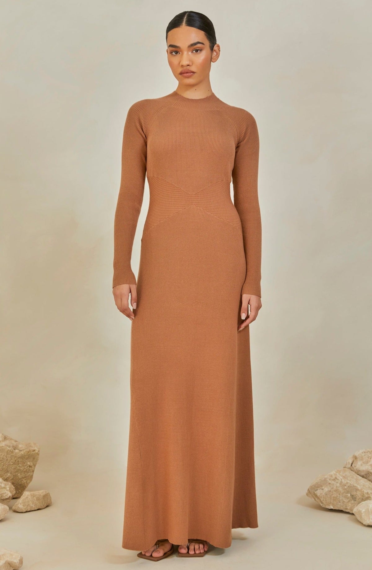 Dania Ribbed Knit Maxi Dress - Caramel Veiled 