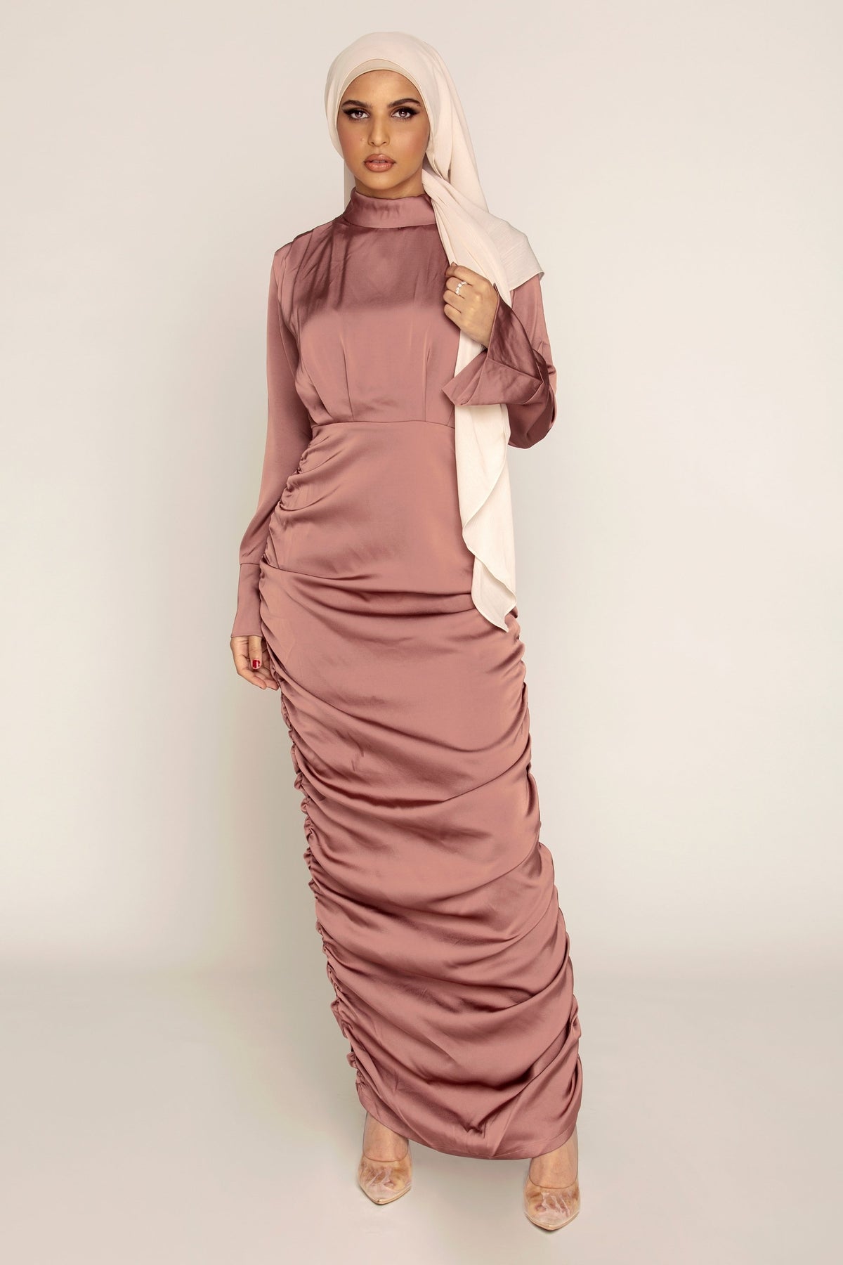 Deep Mauve Rouched Satin Maxi Dress Veiled Collection 