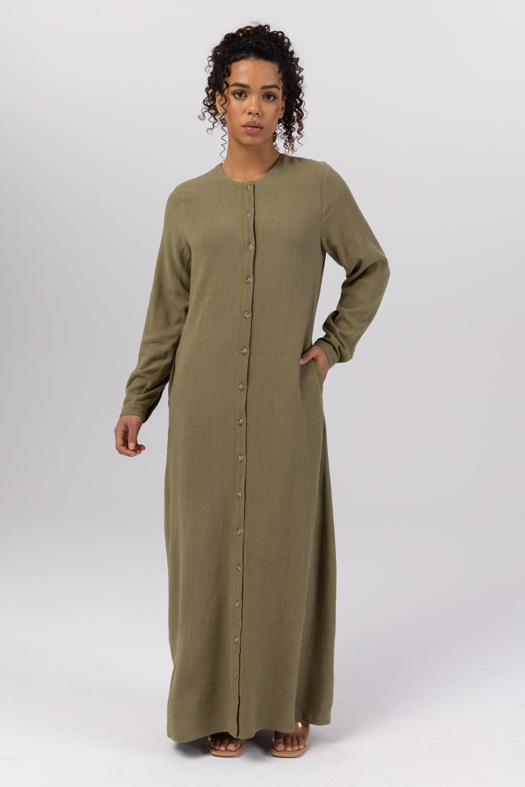 Elham Cotton Linen Maxi Shirt Dress - Avocado Veiled 