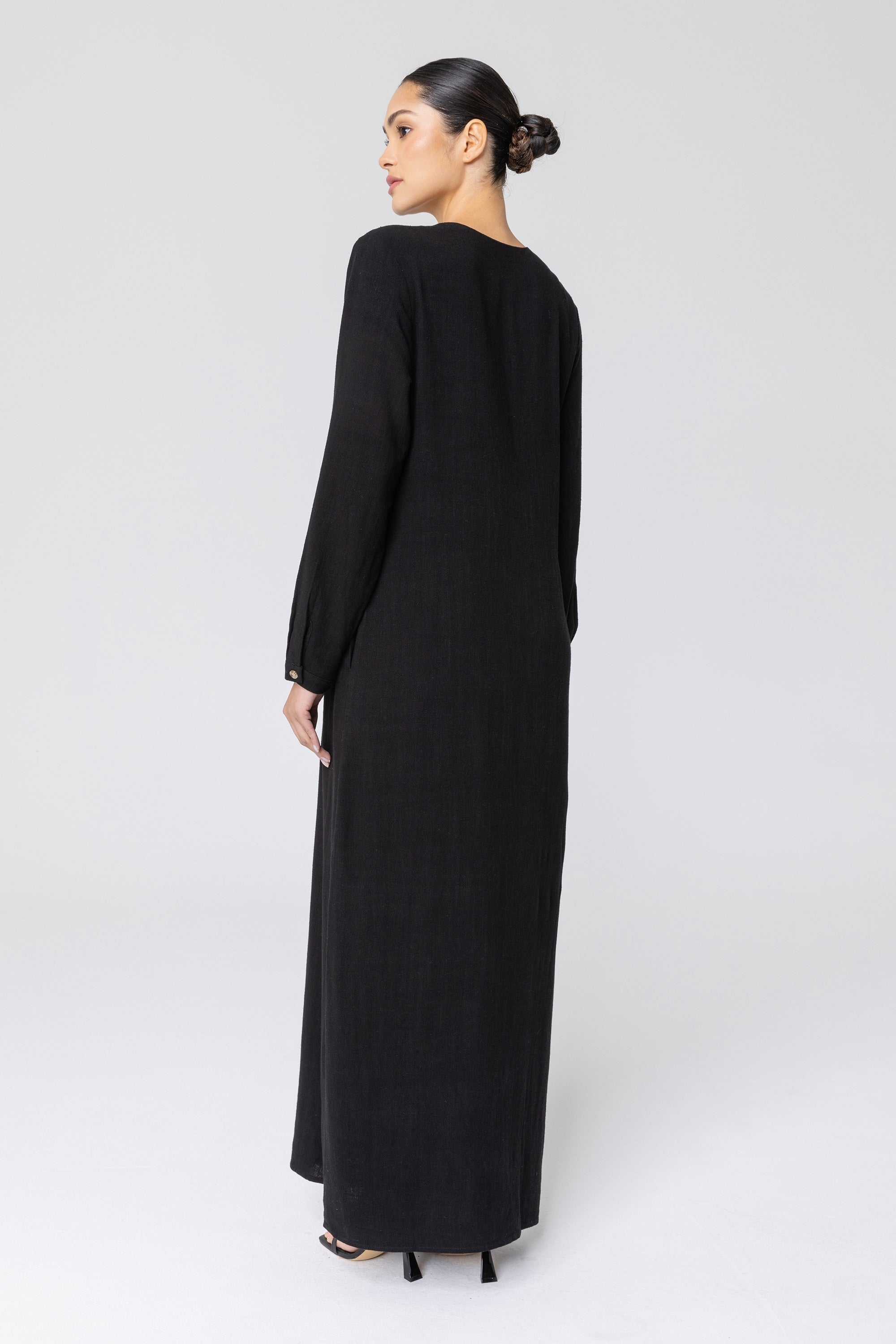 Elham Cotton Linen Maxi Shirt Dress - Black Veiled 