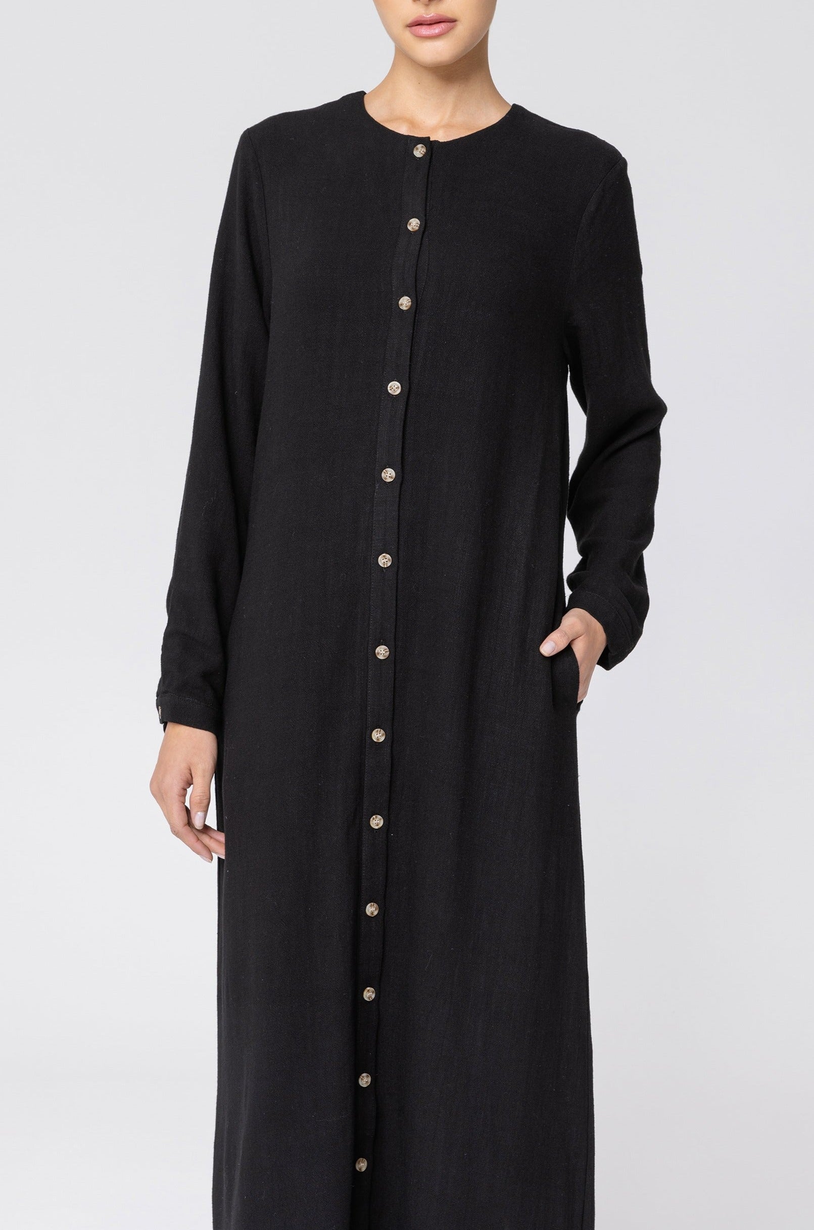 Elham Cotton Linen Maxi Shirt Dress - Black Veiled 
