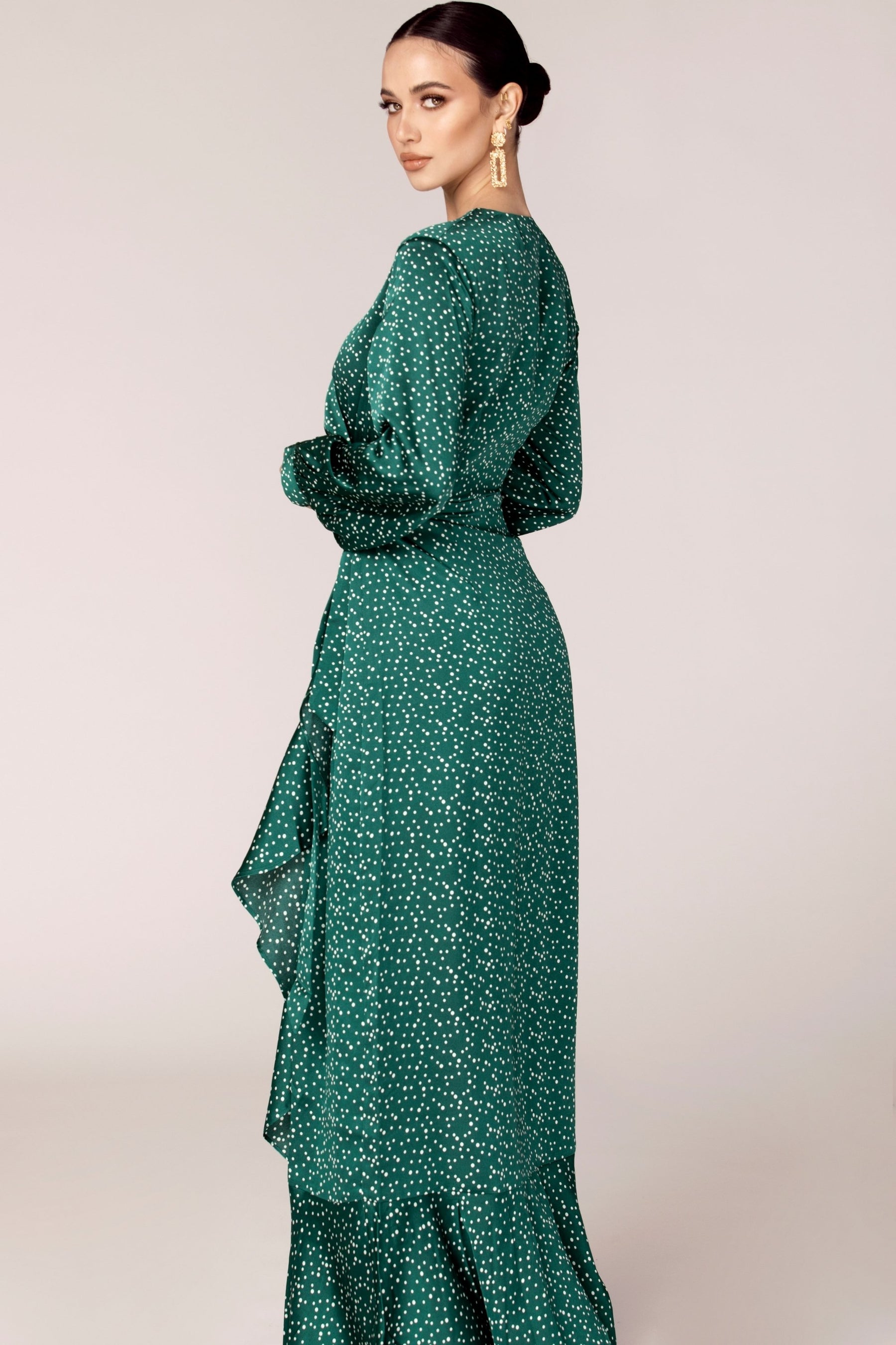 Emerald Polka Dot Satin Wrap Maxi Dress Dresses Veiled Collection 