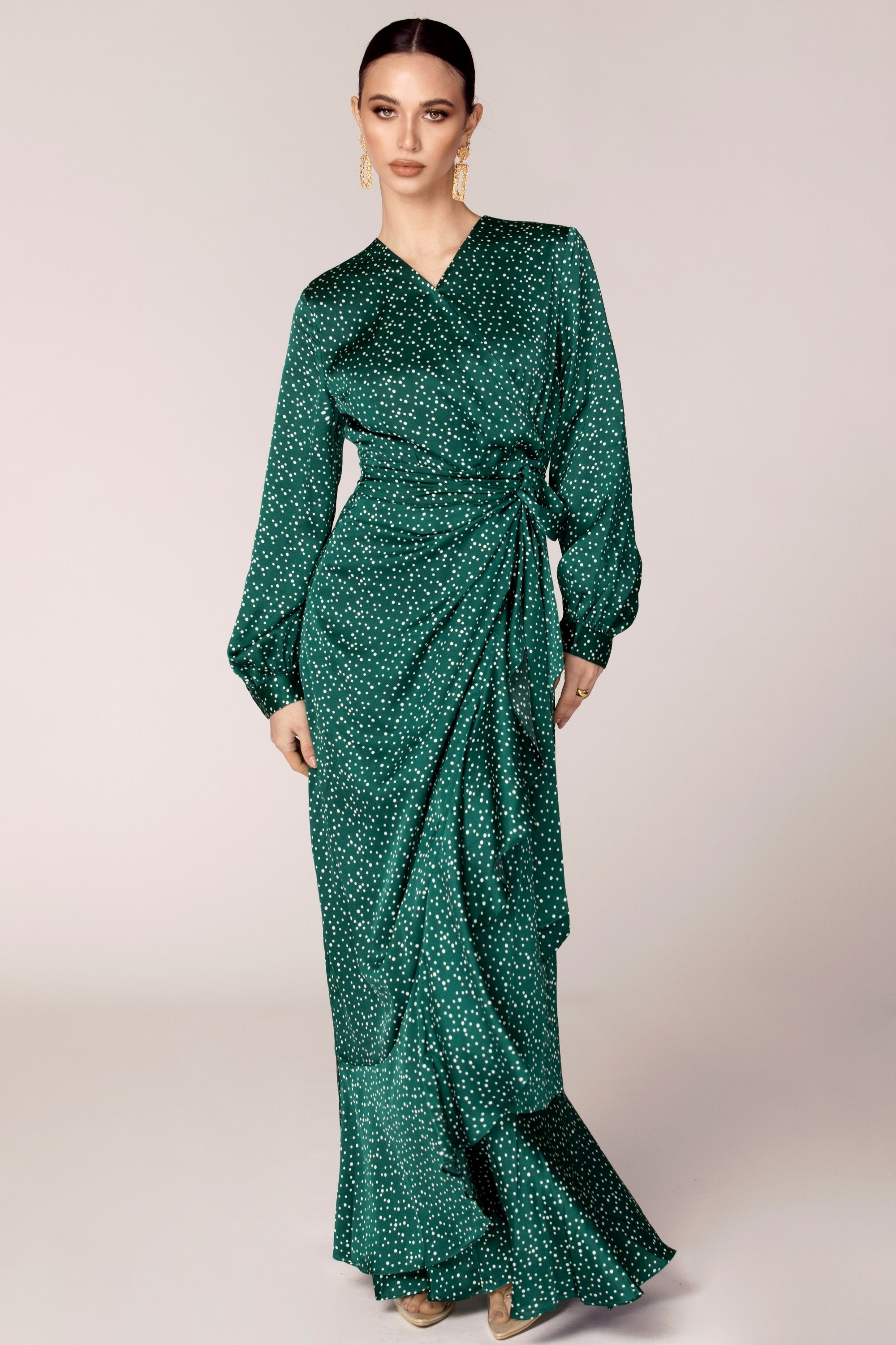 Emerald Polka Dot Satin Wrap Maxi Dress Dresses Veiled Collection 