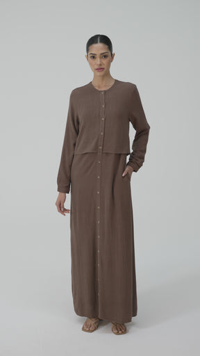 Sabah Cotton Linen Overlay Maxi Shirt Dress - Brown
