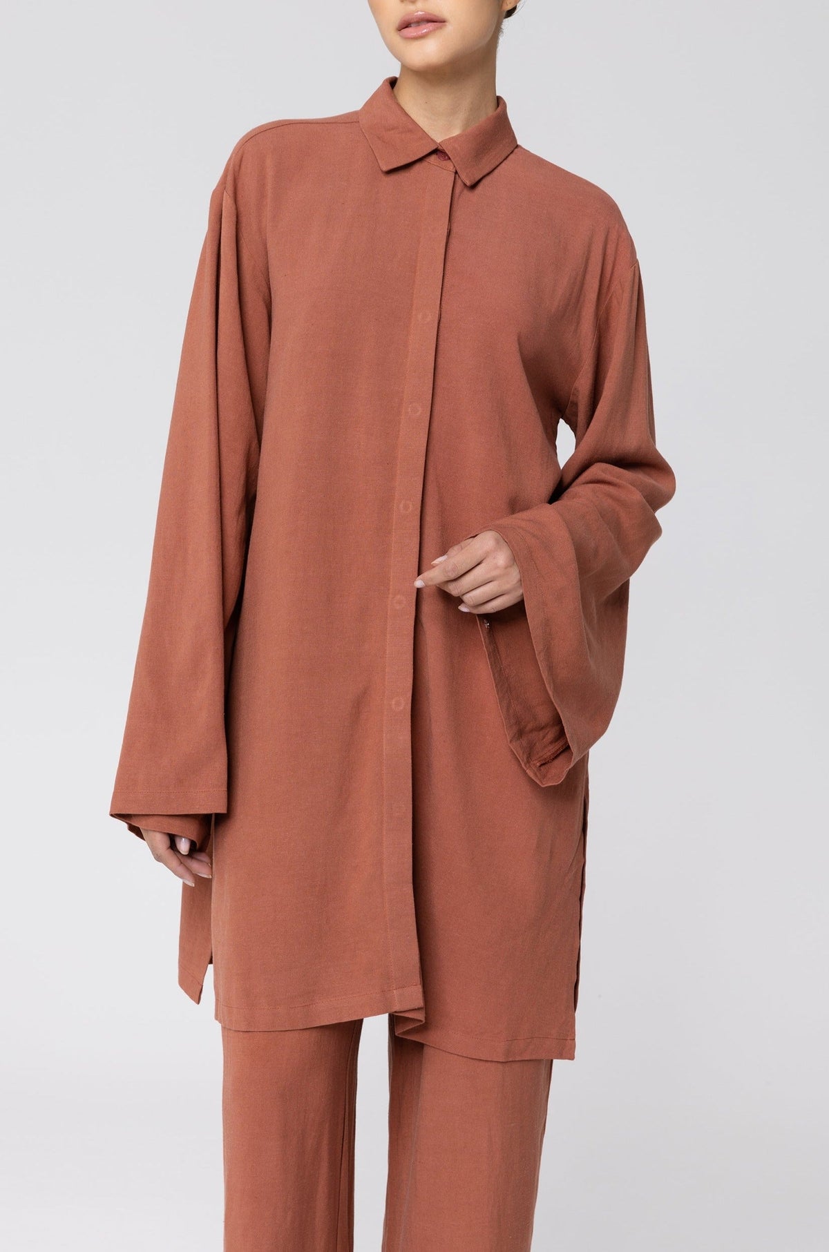 Gemma Linen Kimono Sleeve Button Down Top - Baked Clay Veiled Collection 