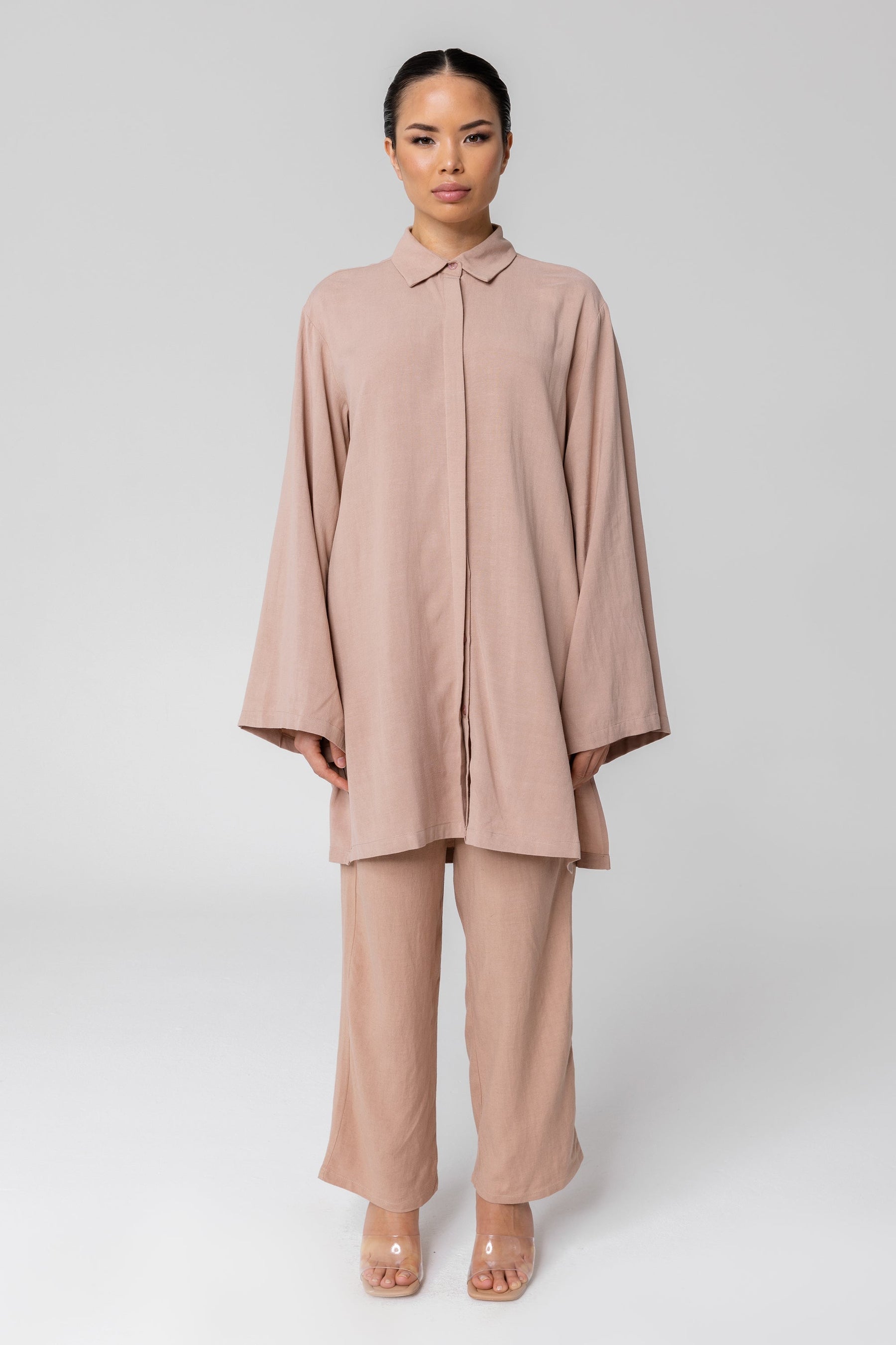 Gemma Linen Kimono Sleeve Button Down Top - Dusty Pink Veiled Collection 
