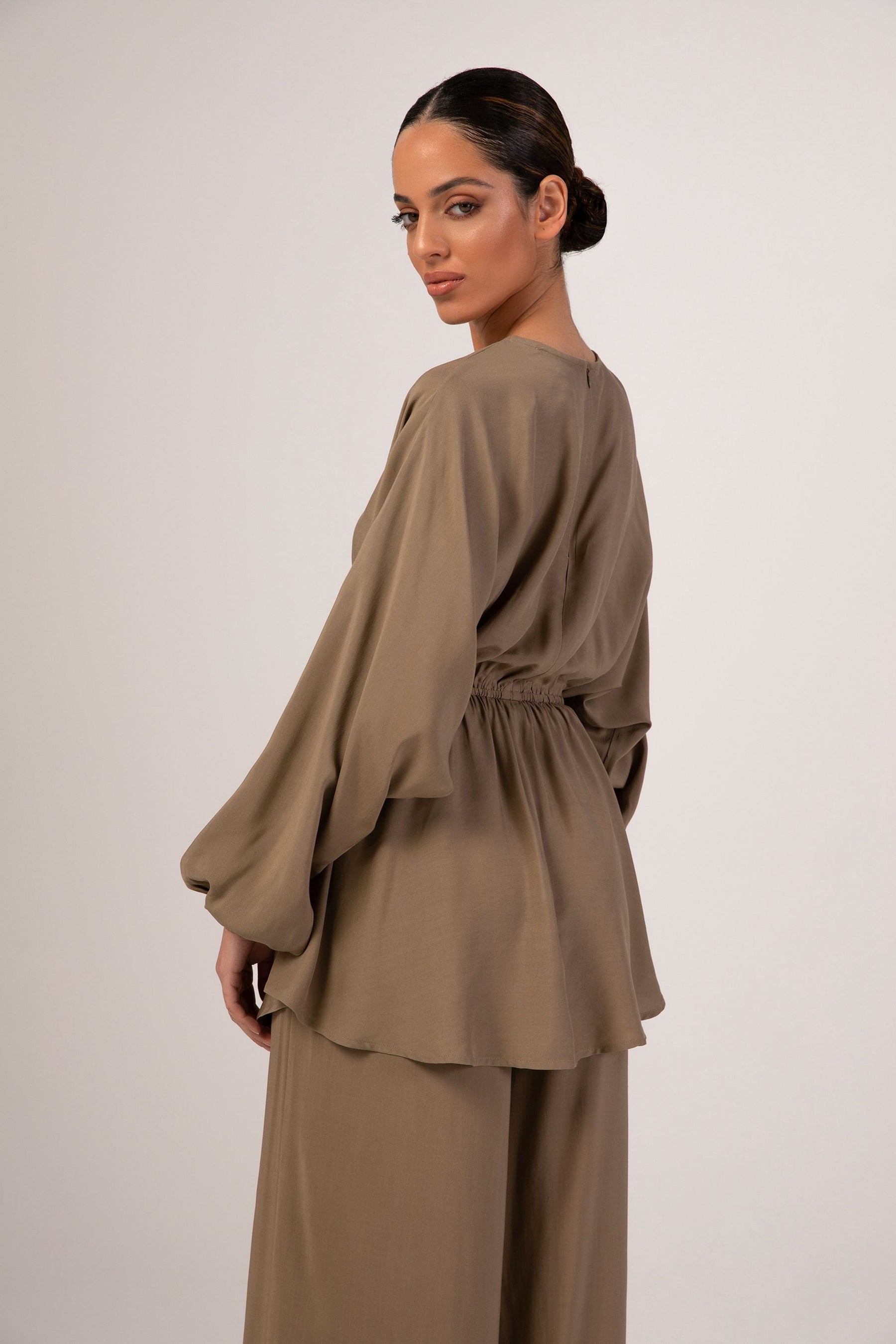 Hafsa Batwing Elastic Waist Top - Khaki Veiled Collection 