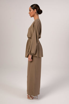 Hafsa Batwing Elastic Waist Top - Khaki Veiled Collection 