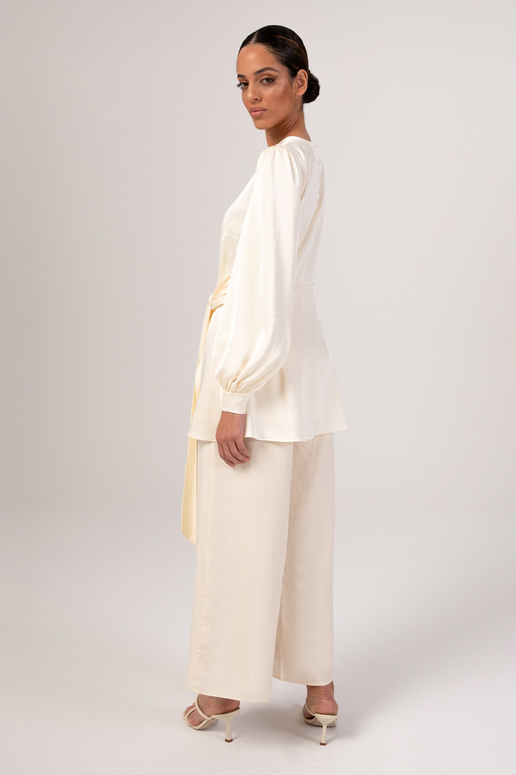 Hala Side Tie Satin Blouse - Off White Veiled Collection 