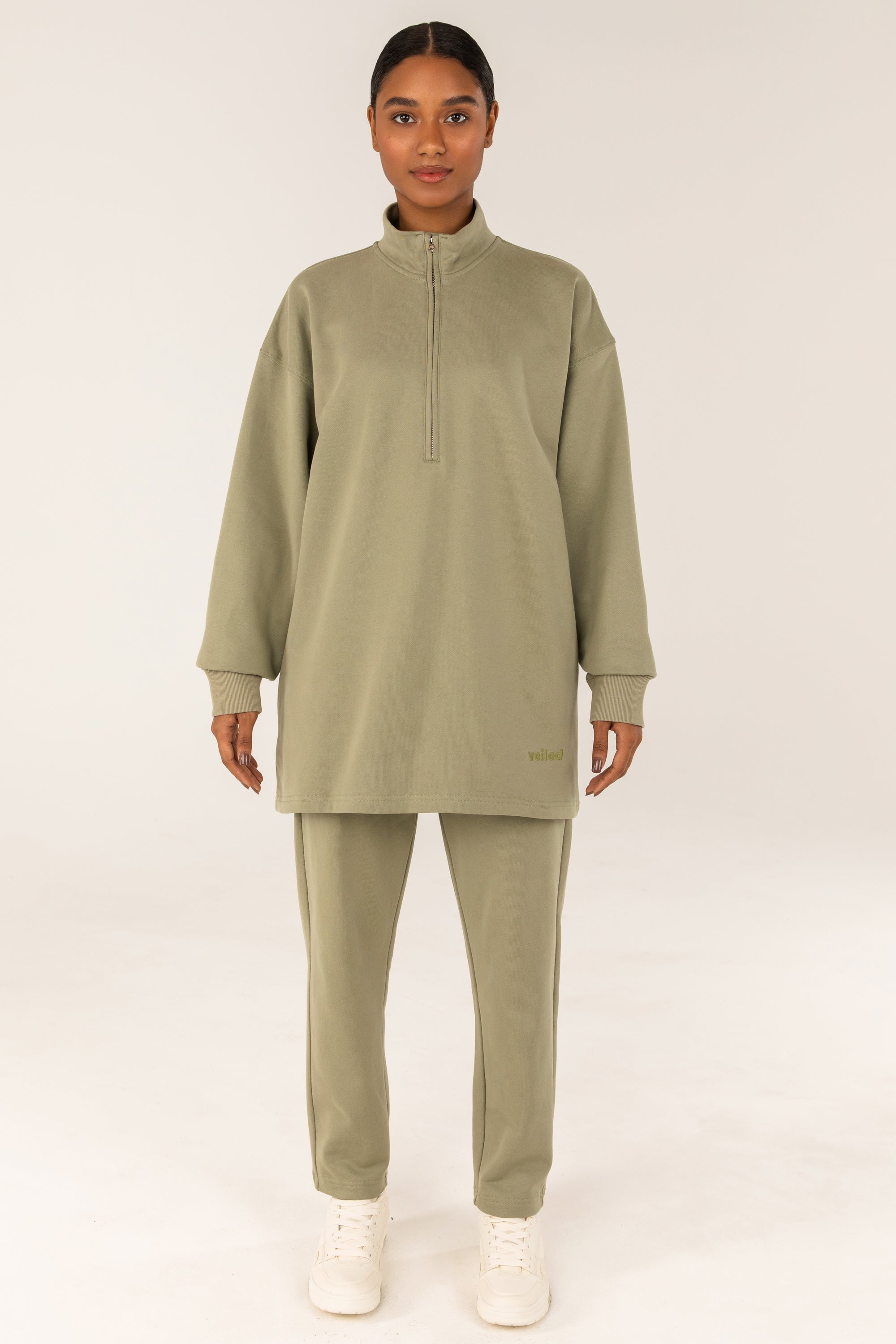 Half Zip Cotton Blend Sweatshirt - Sage Veiled Collection 